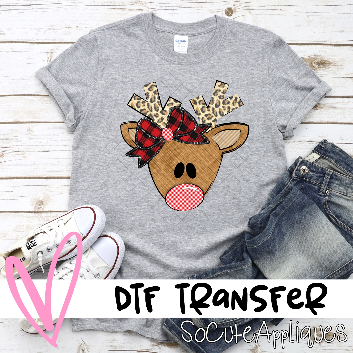 Triangle deer leopard antlers plaid bow *DTF* Transfer