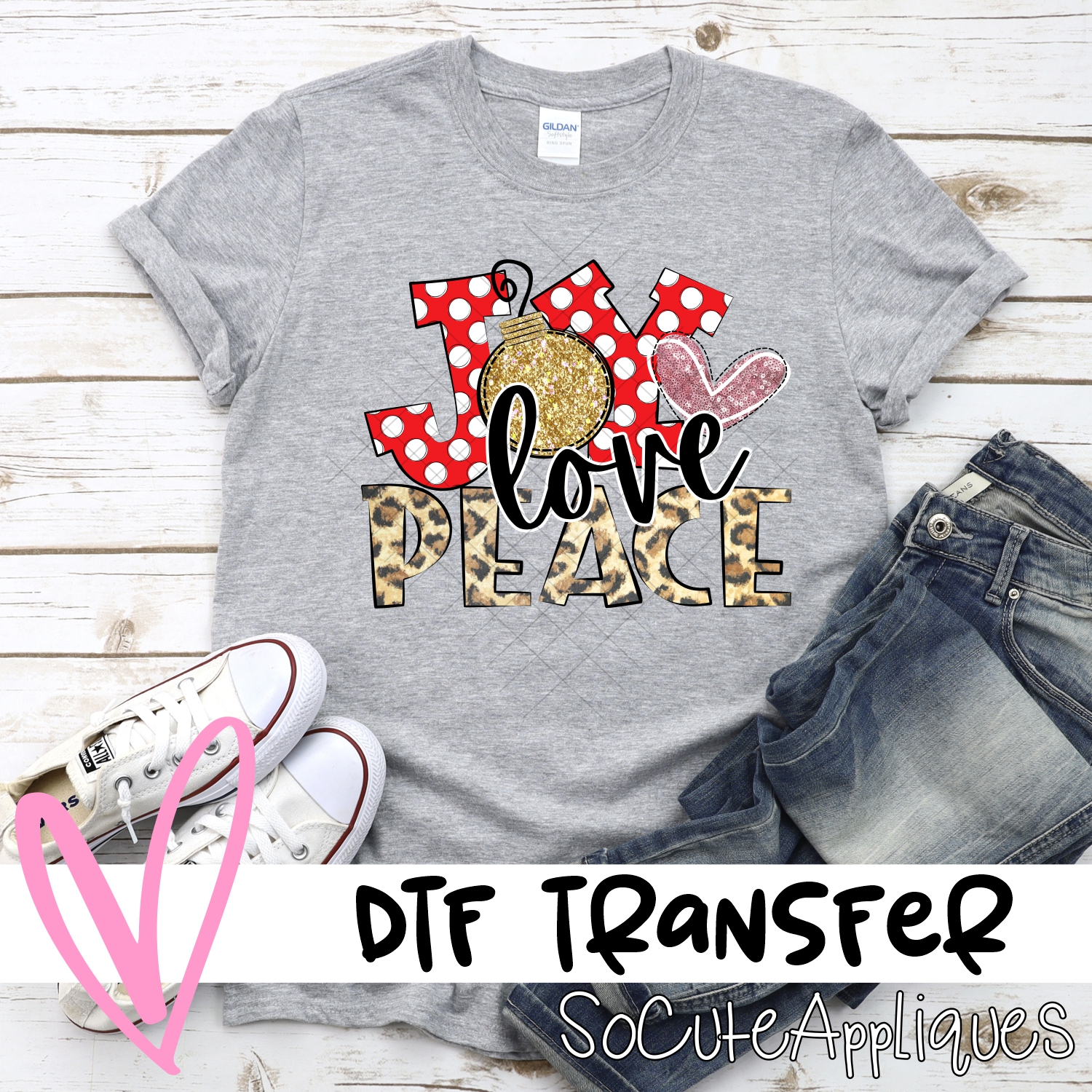 Joy love peace red dot leopard pink heart *DTF* Transfer