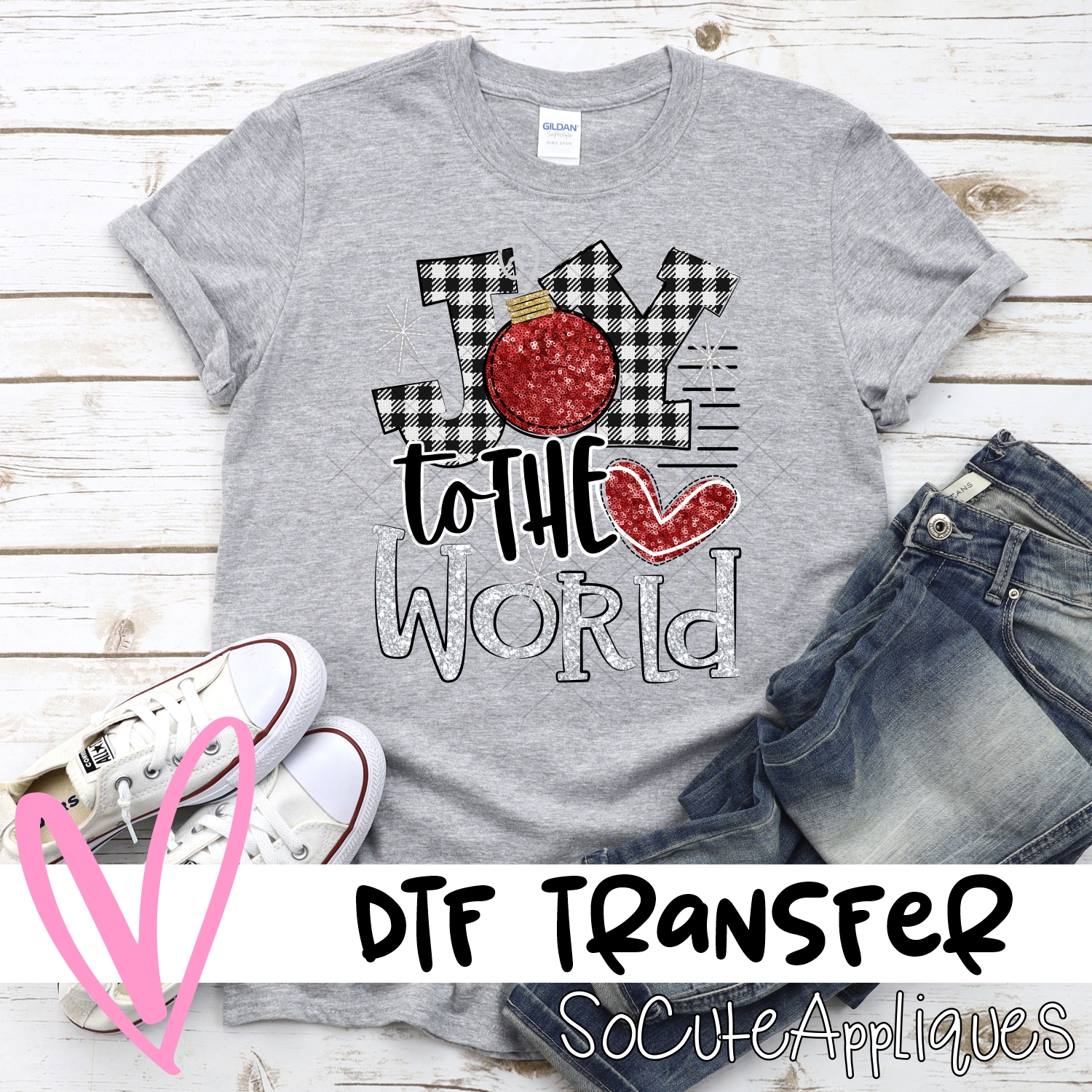 Joy to the world plaid silver red sequin *DTF* Transfer