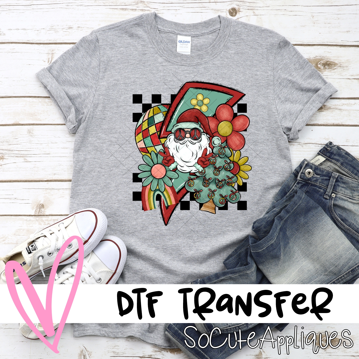 Hippie Christmas on black check *DTF* Transfer