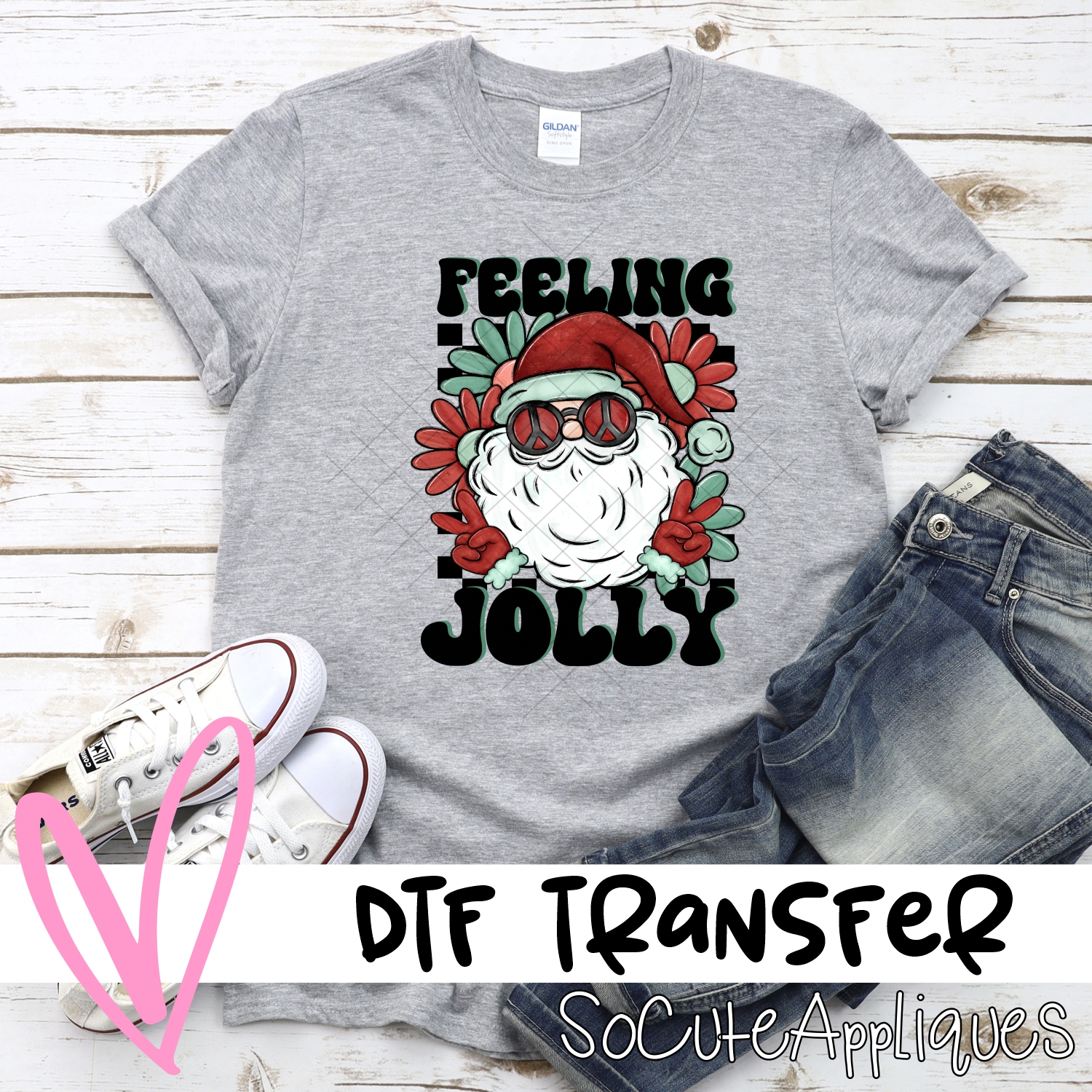 Felling jolly hippy santa on black check *DTF* Transfer