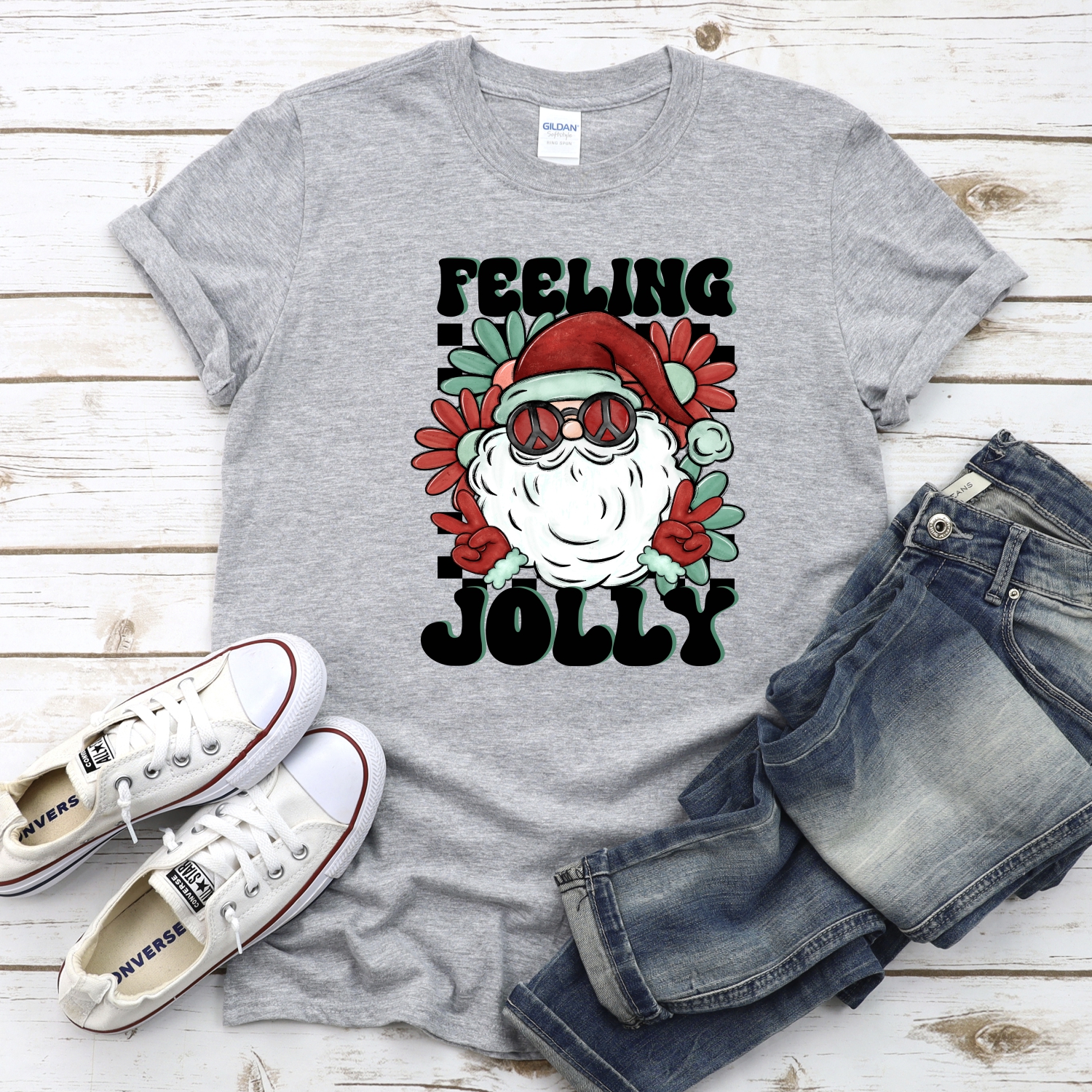 Felling jolly hippy santa on black check *DTF* Transfer - Image 2