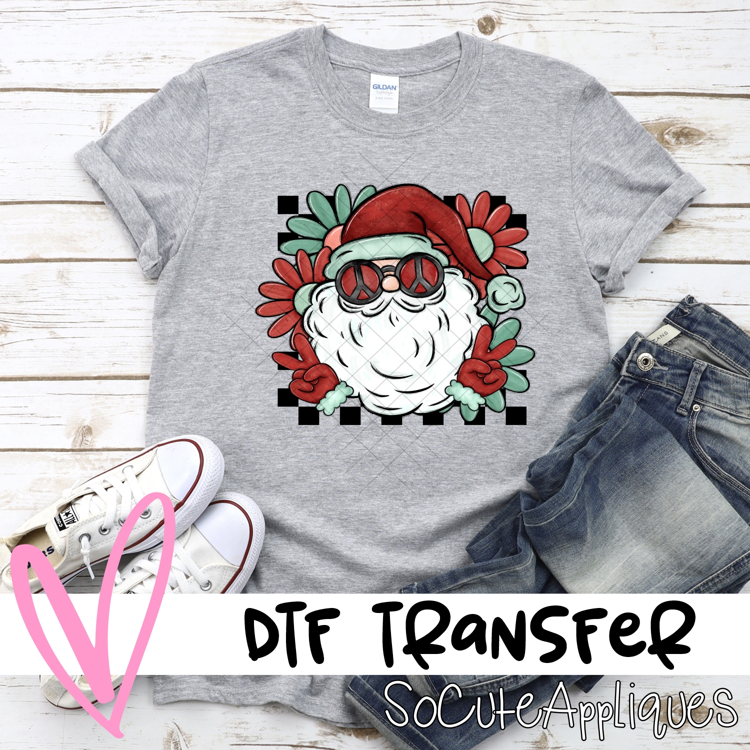 Hippy Santa on black check *DTF* Transfer