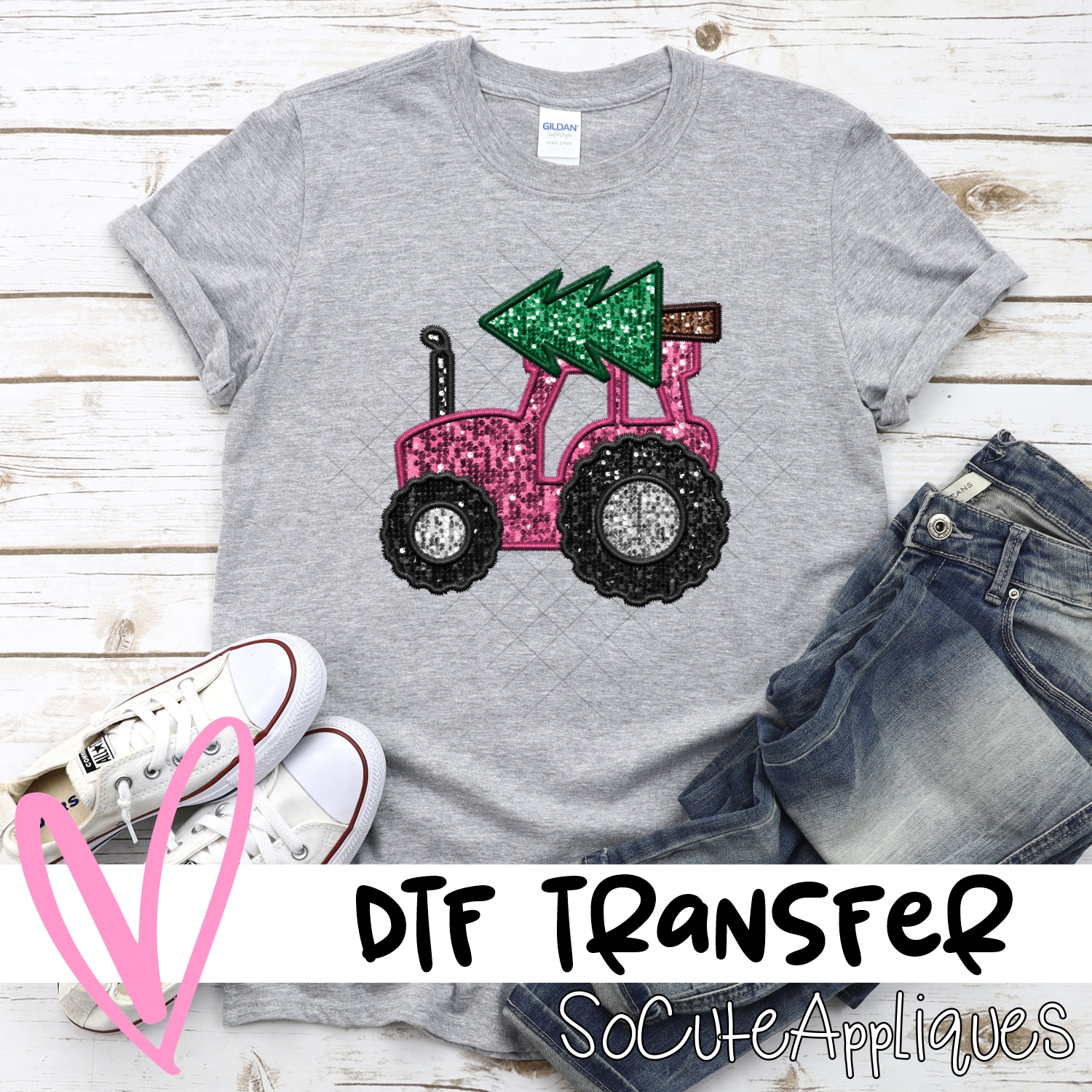 Pink sequin tractor with Christmas tree *DTF* Transfer