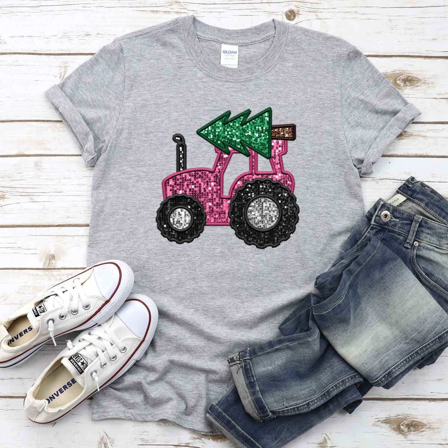Pink sequin tractor with Christmas tree *DTF* Transfer - Image 2