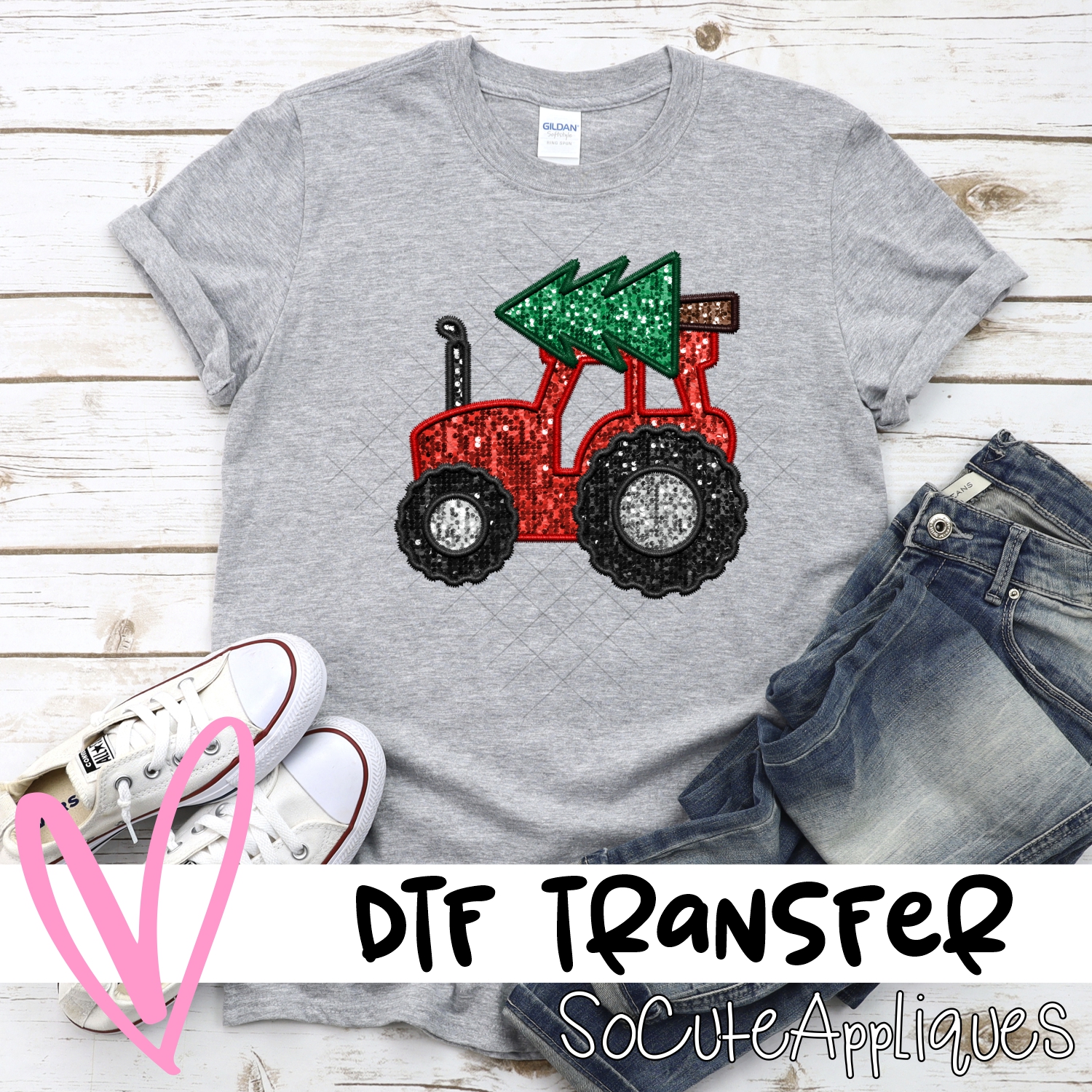 Red sequin tractor with Christmas tree *DTF* Transfer