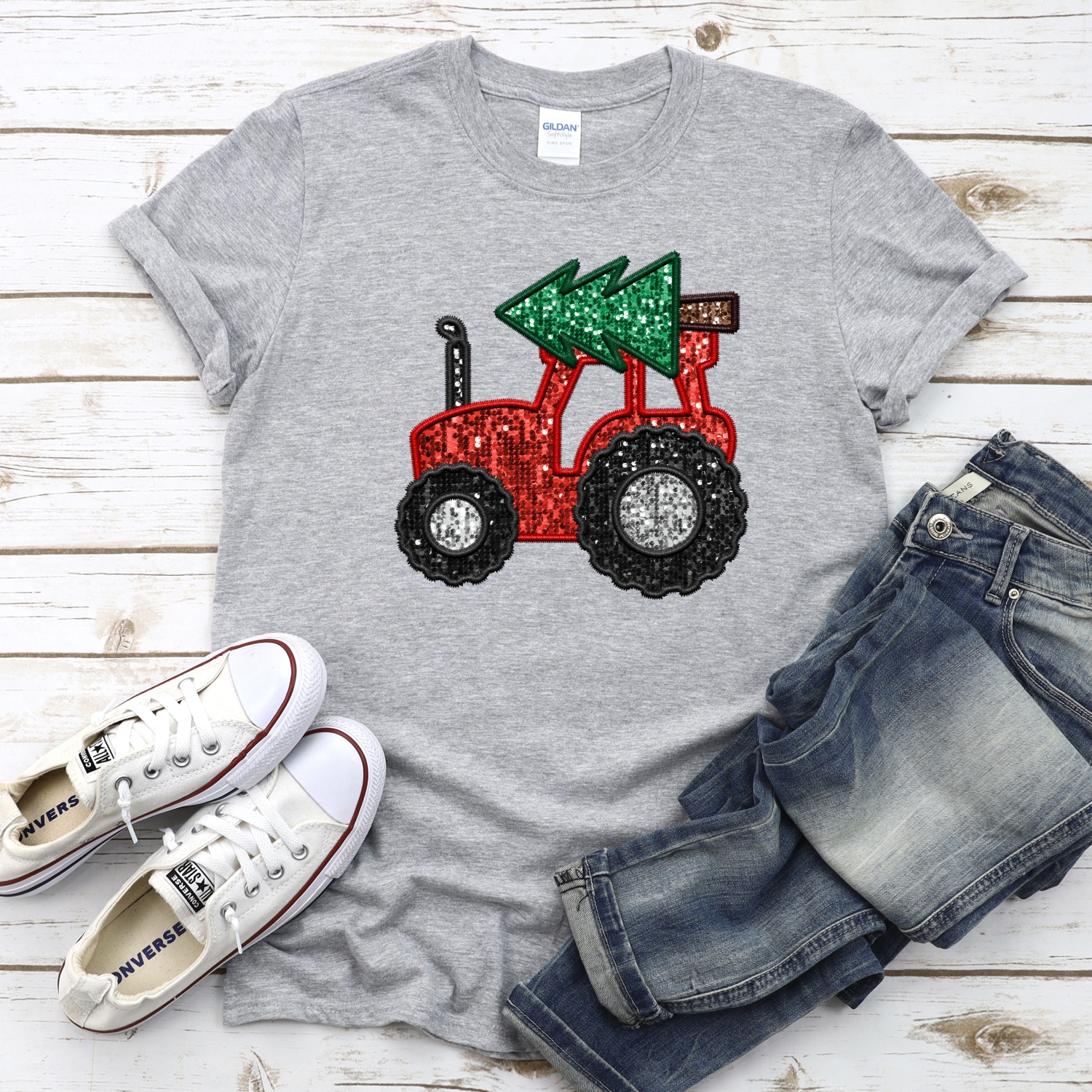 Red sequin tractor with Christmas tree *DTF* Transfer - Image 2