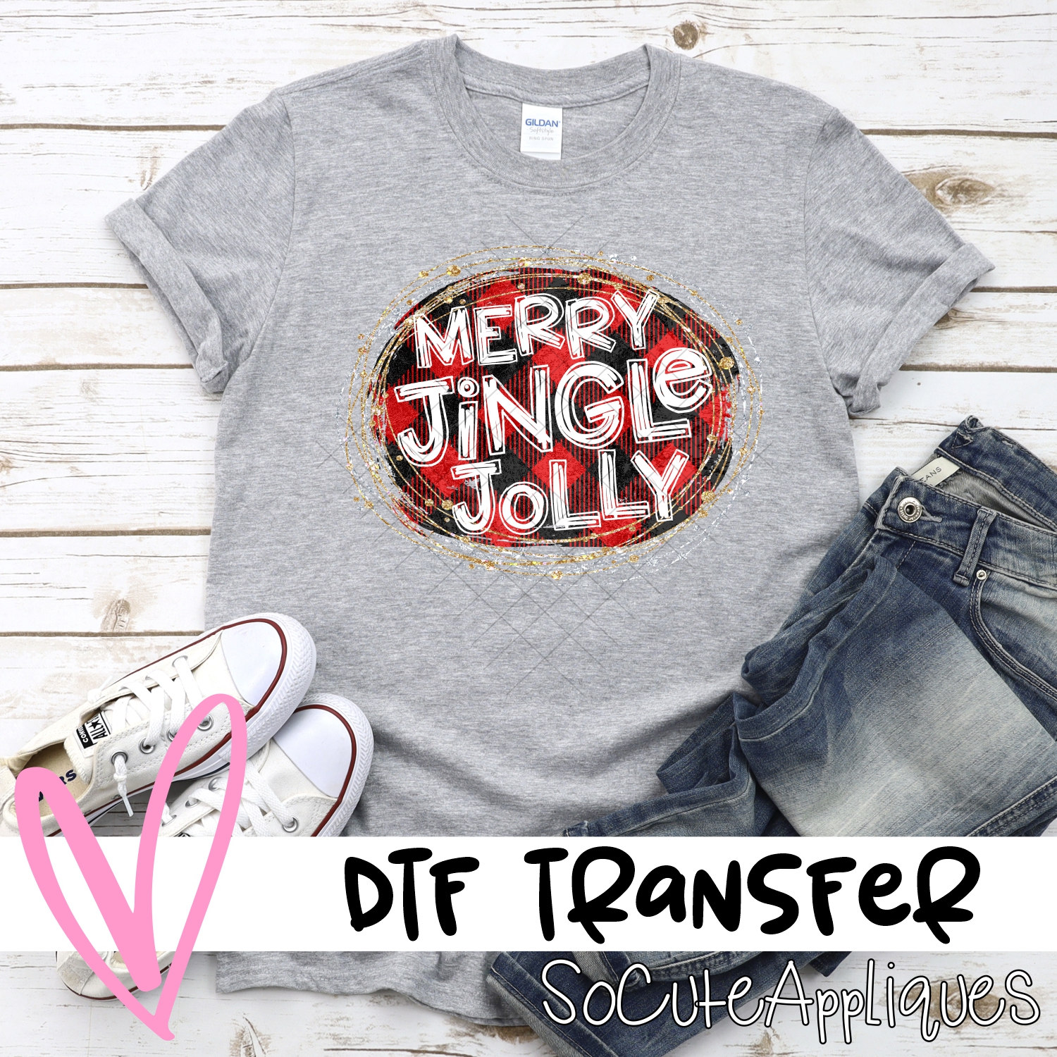 Merry jingle jolly on red plaid *DTF* Transfer