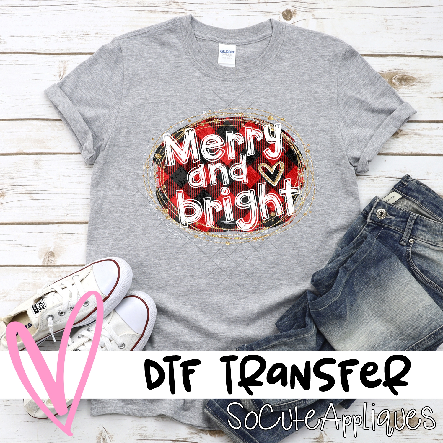 Merry and bright on red plaid *DTF* Transfer