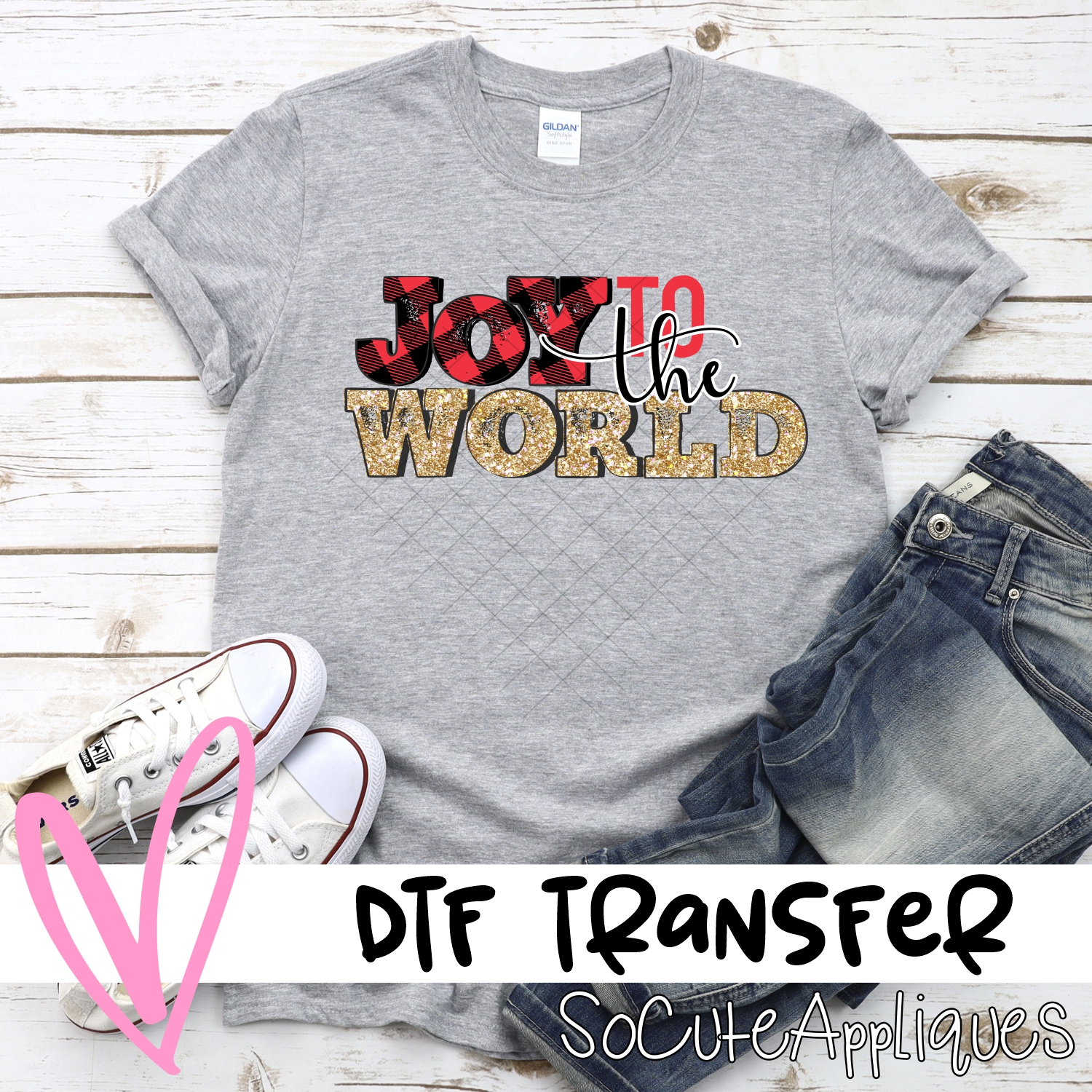 Joy to the world red plaid gold glitter *DTF* Transfer