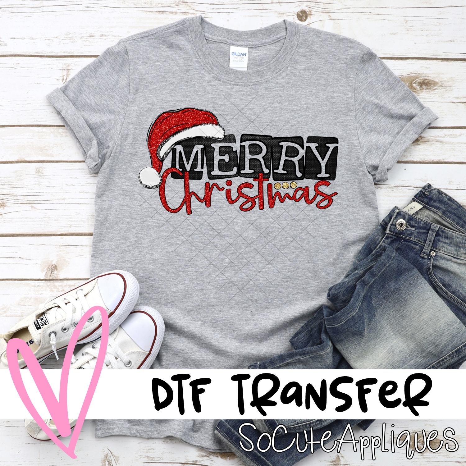 Merry Christmas blocks red glitter hat *DTF* Transfer