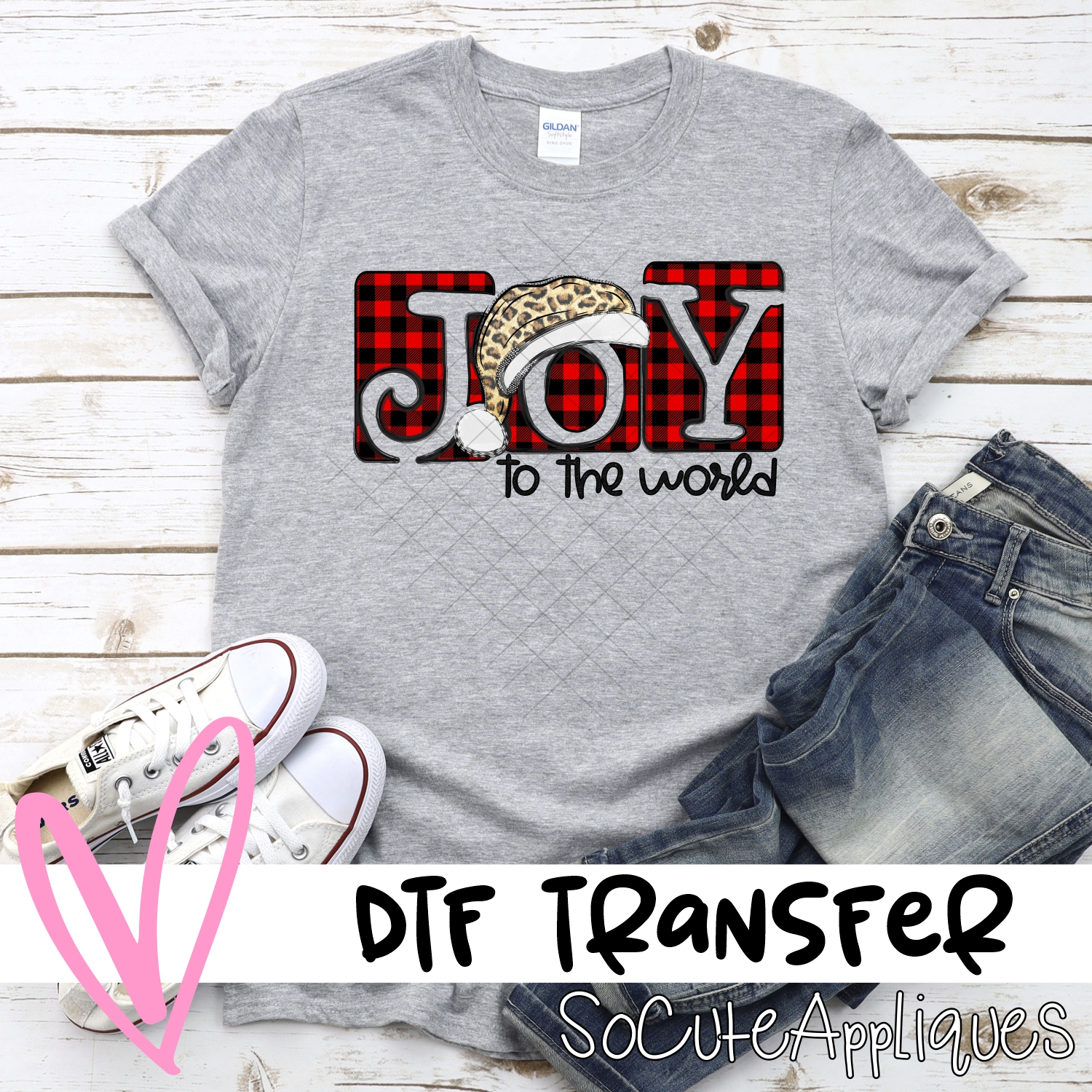 Joy to the world plaid squares leopard *DTF* Transfer