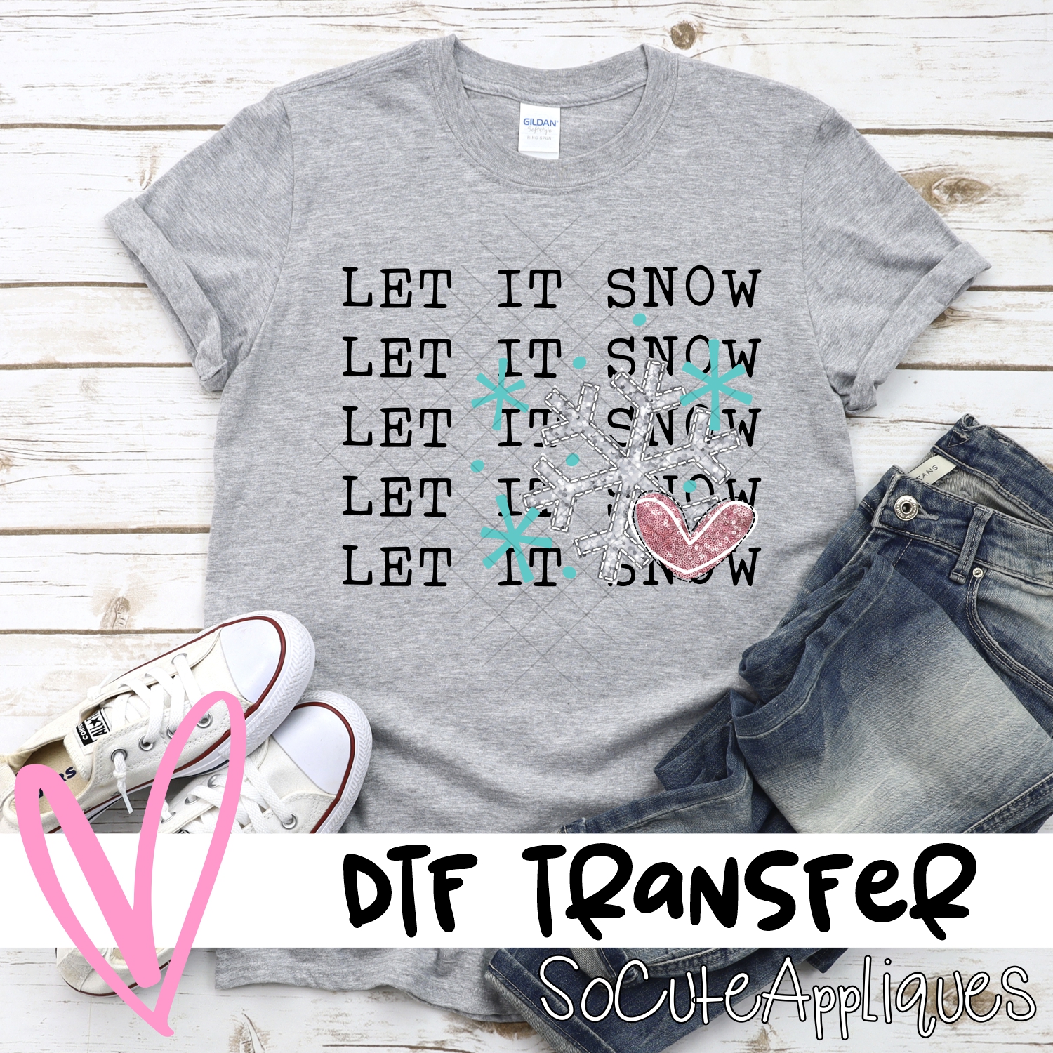 Let it snow glitter flake on black *DTF* Transfer