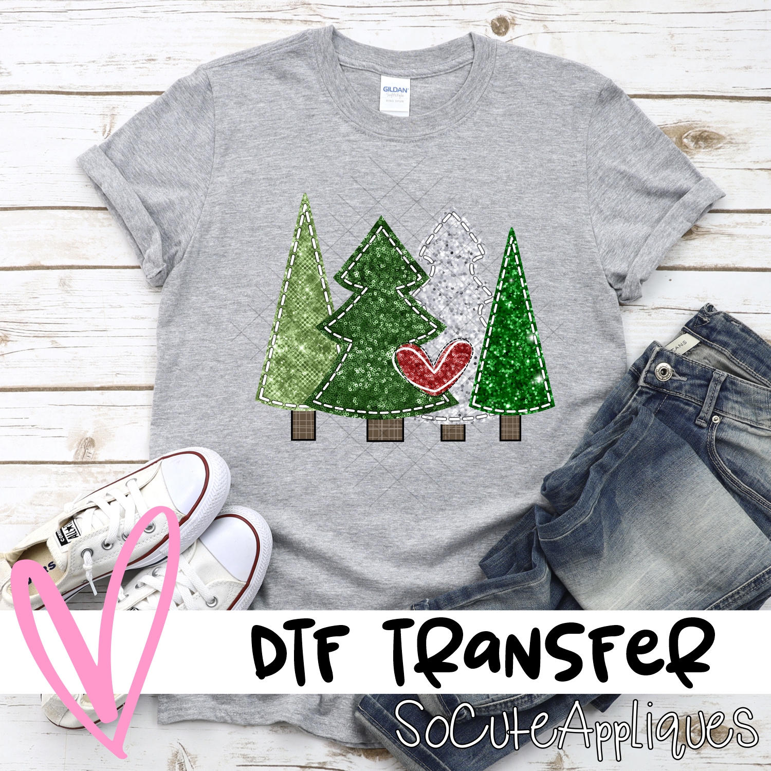 Sequin Christmas trees red heart *DTF* Transfer