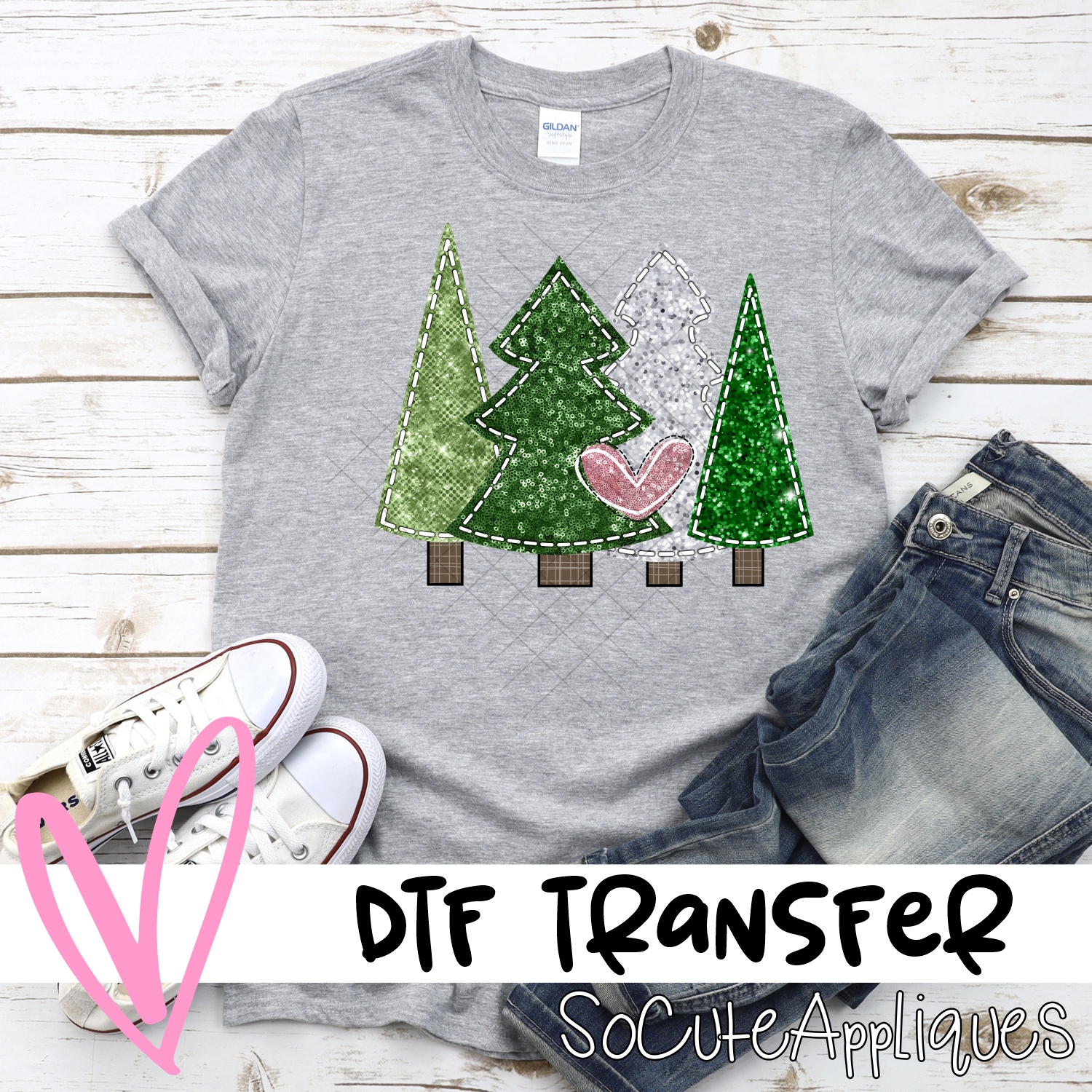 Sequin Christmas trees pink heart *DTF* Transfer