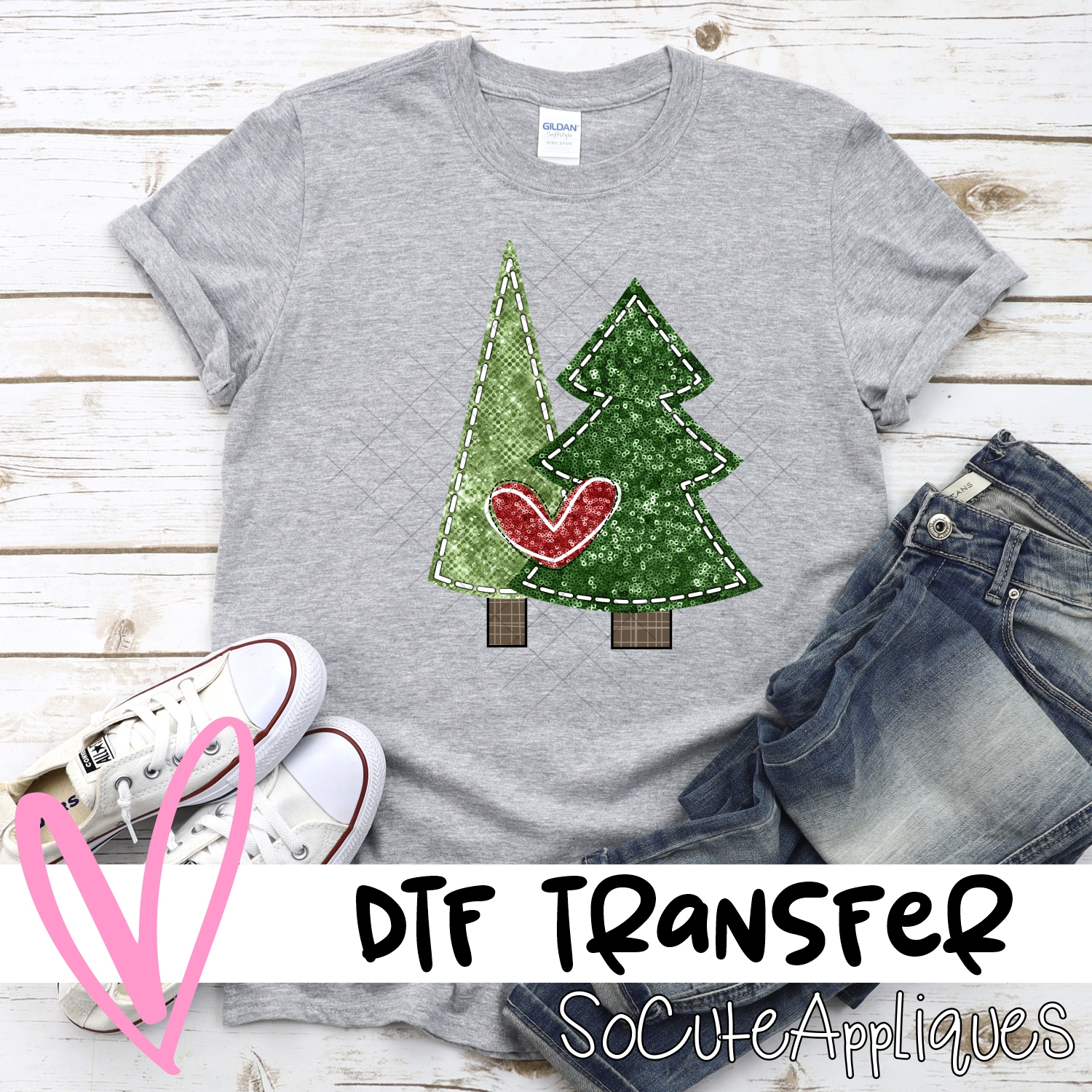 Sequin Christmas tree duo red heart *DTF* Transfer