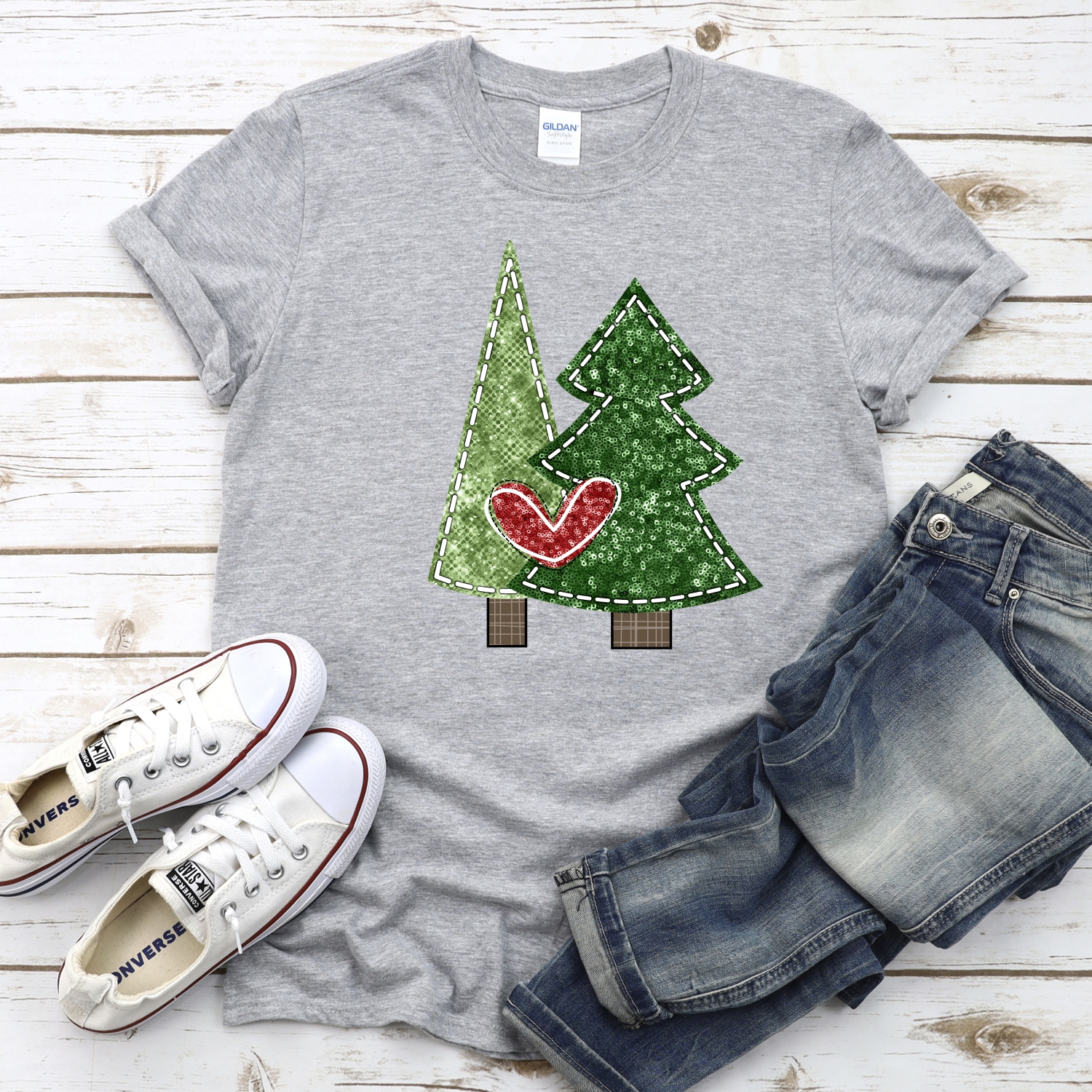 Sequin Christmas tree duo red heart *DTF* Transfer - Image 2