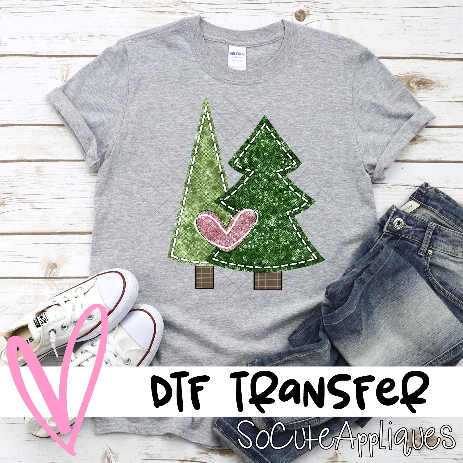 Sequin Christmas tree duo pink heart *DTF* Transfer