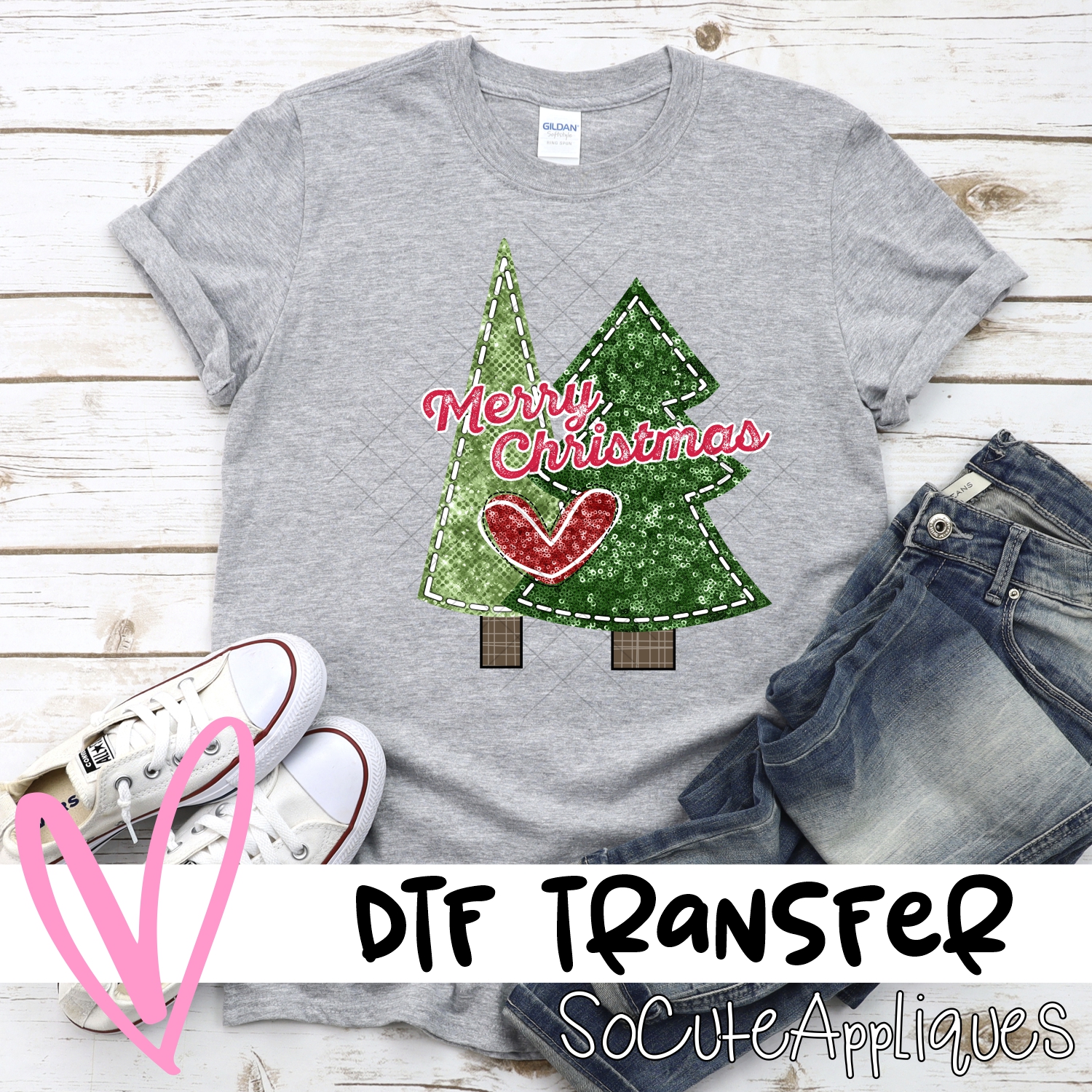 Sequin Christmas tree duo red heart Merry Christmas *DTF* Transfer
