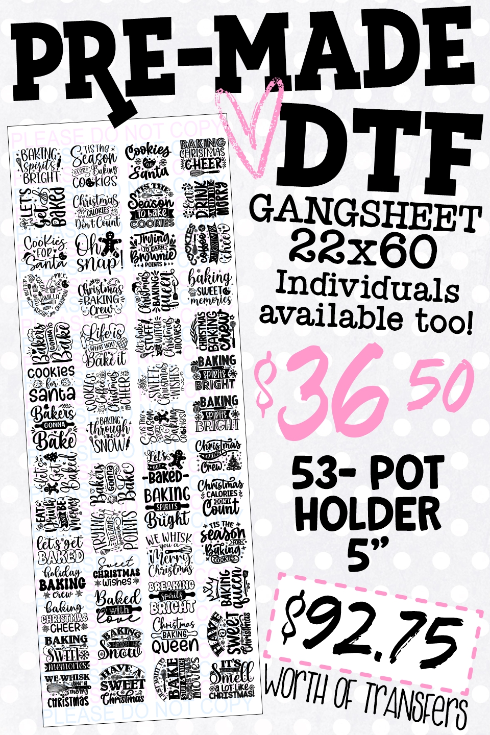 SoCute PRE-MADE DTF gangsheet Christmas pot holders 22x60 AVAILABLE in BLACK or WHITE
