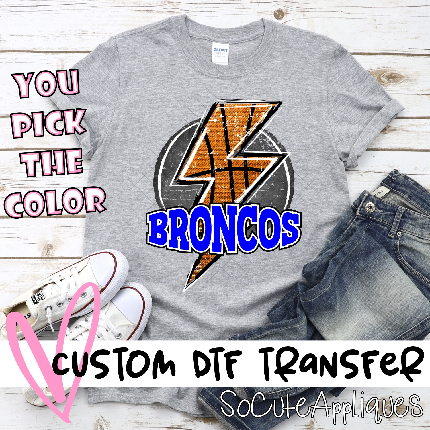 CUSTOM  BRONCOS Basketball lightning bolt on black *DTF* Transfer