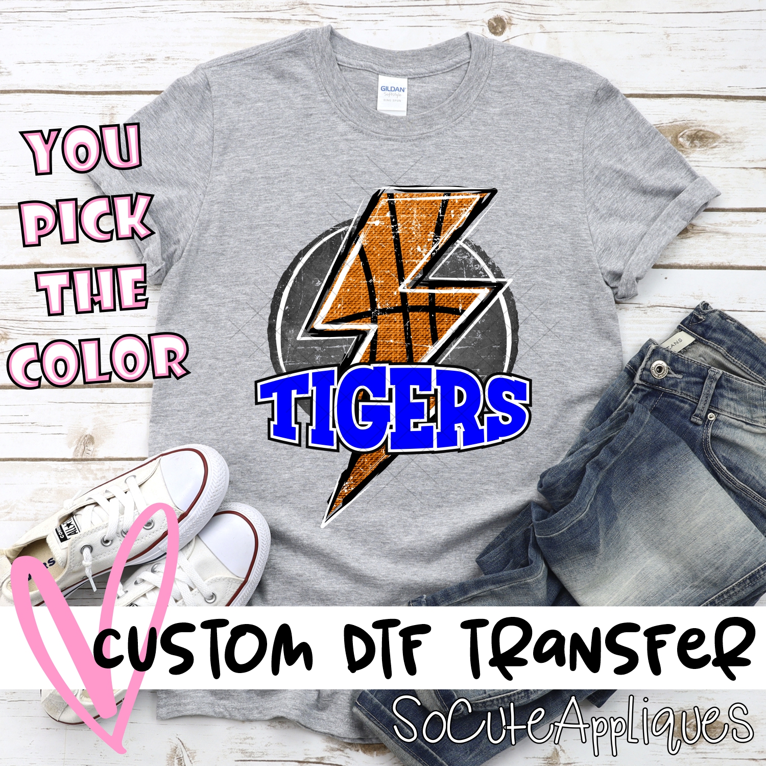 CUSTOM  TIGERS Basketball lightning bolt on black *DTF* Transfer