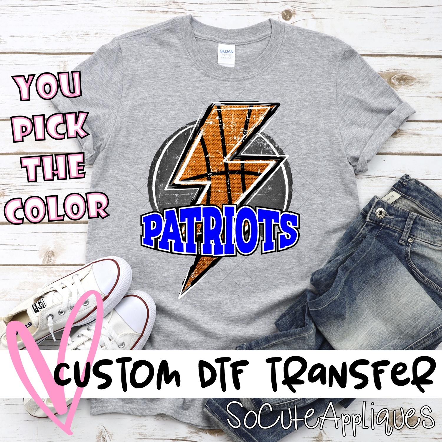 CUSTOM  PATRIOTS Basketball lightning bolt on black *DTF* Transfer