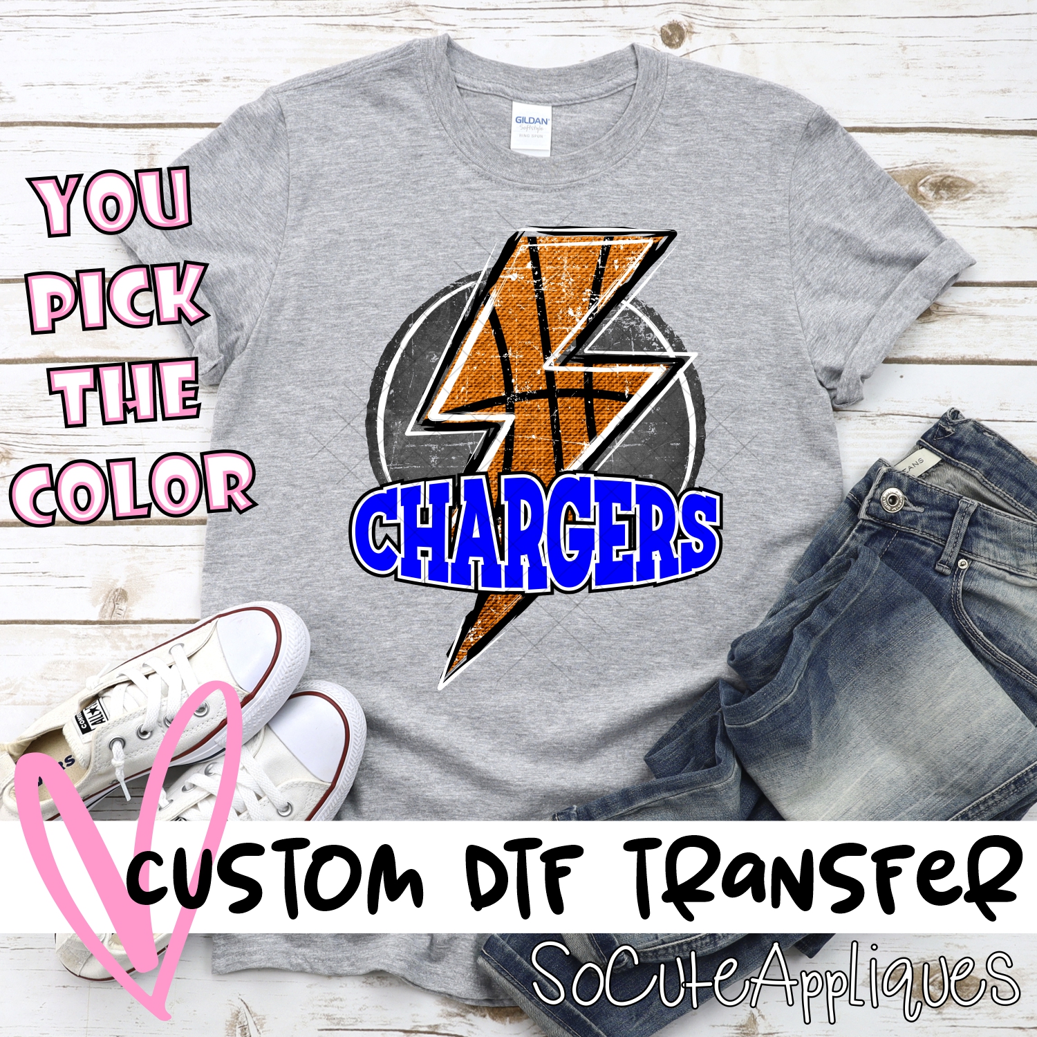 CUSTOM  CHARGERS Basketball lightning bolt on black *DTF* Transfer