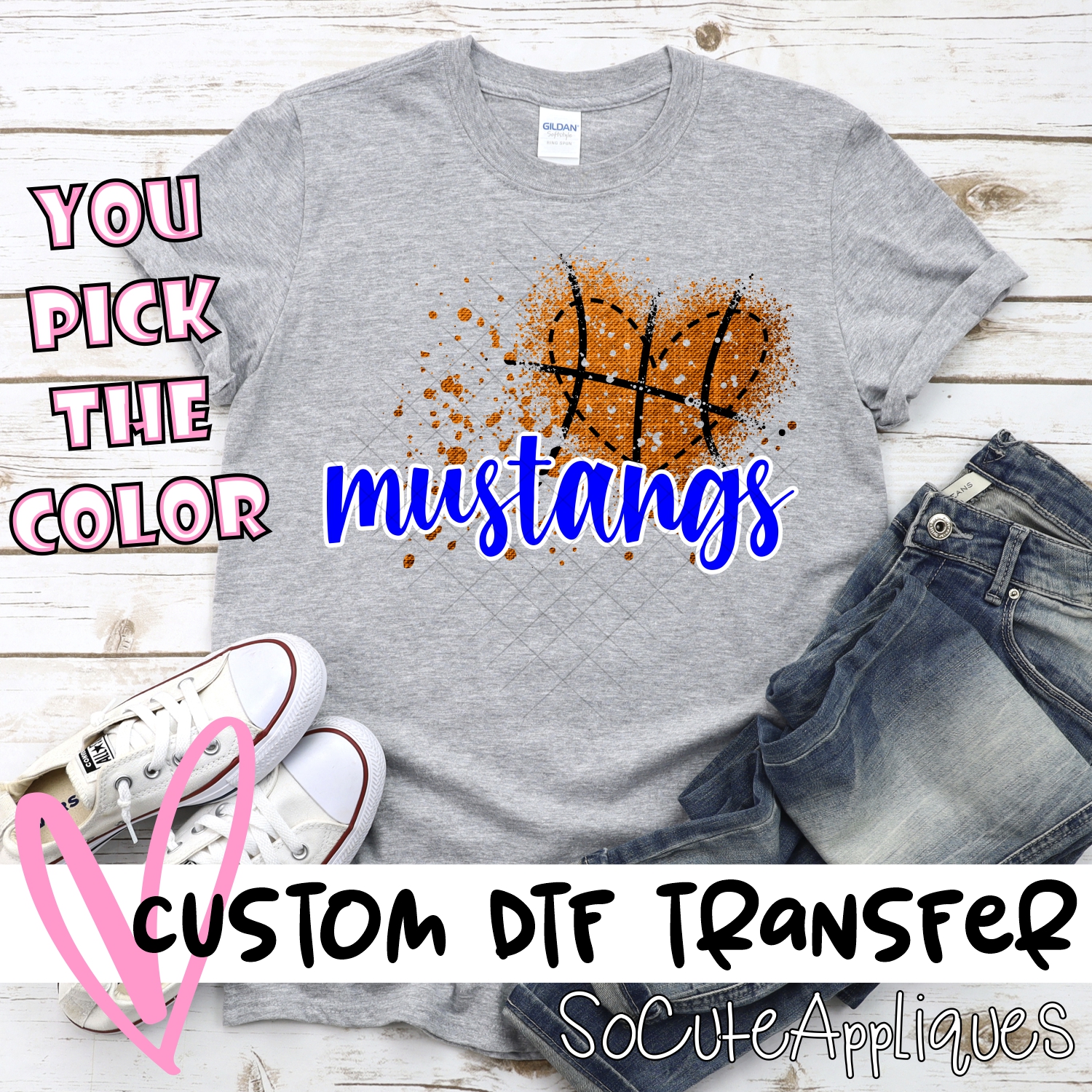 CUSTOM Mustangs basketball messy heart *DTF* Transfer
