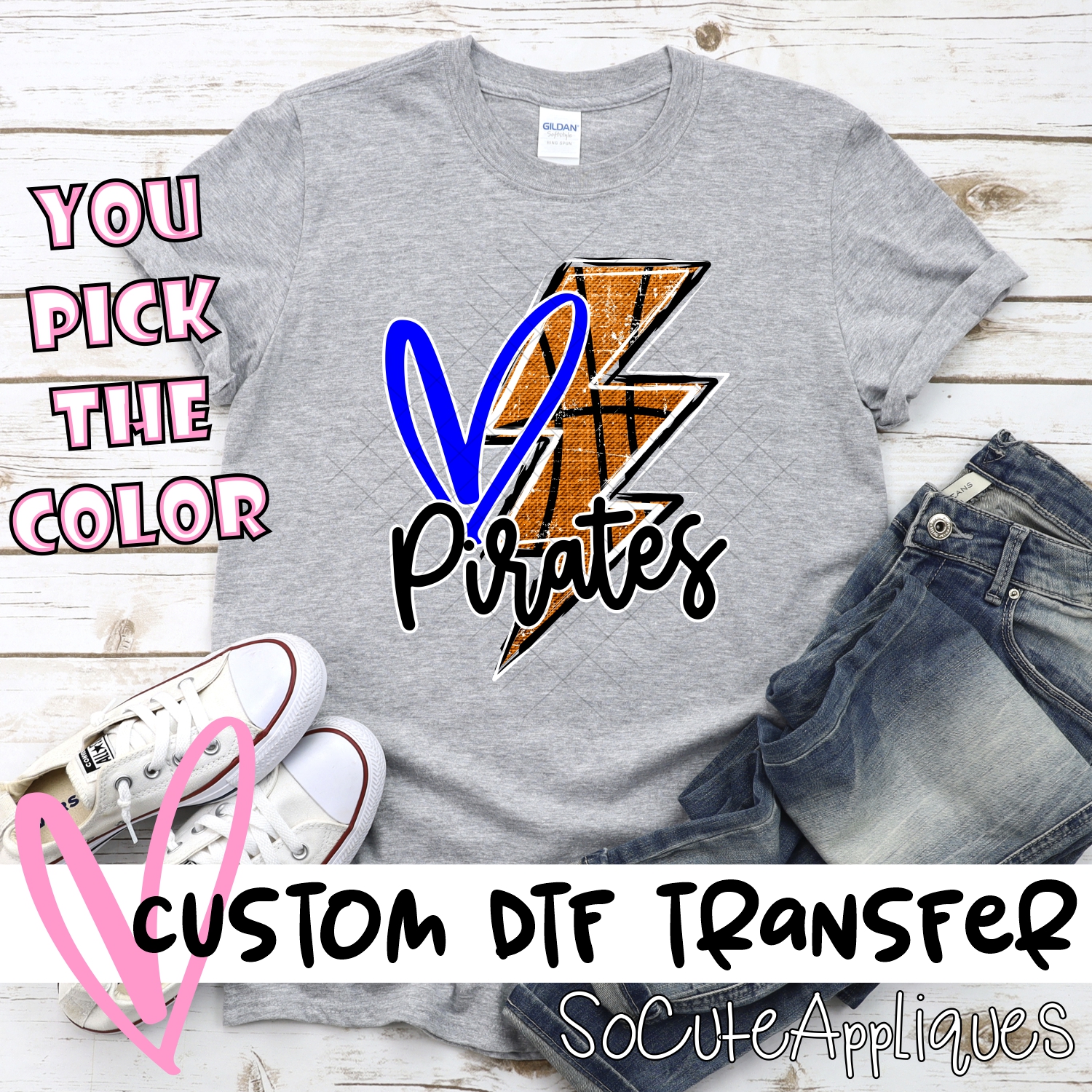 CUSTOM PIRATES basketball lightning bolt heart *DTF* Transfer