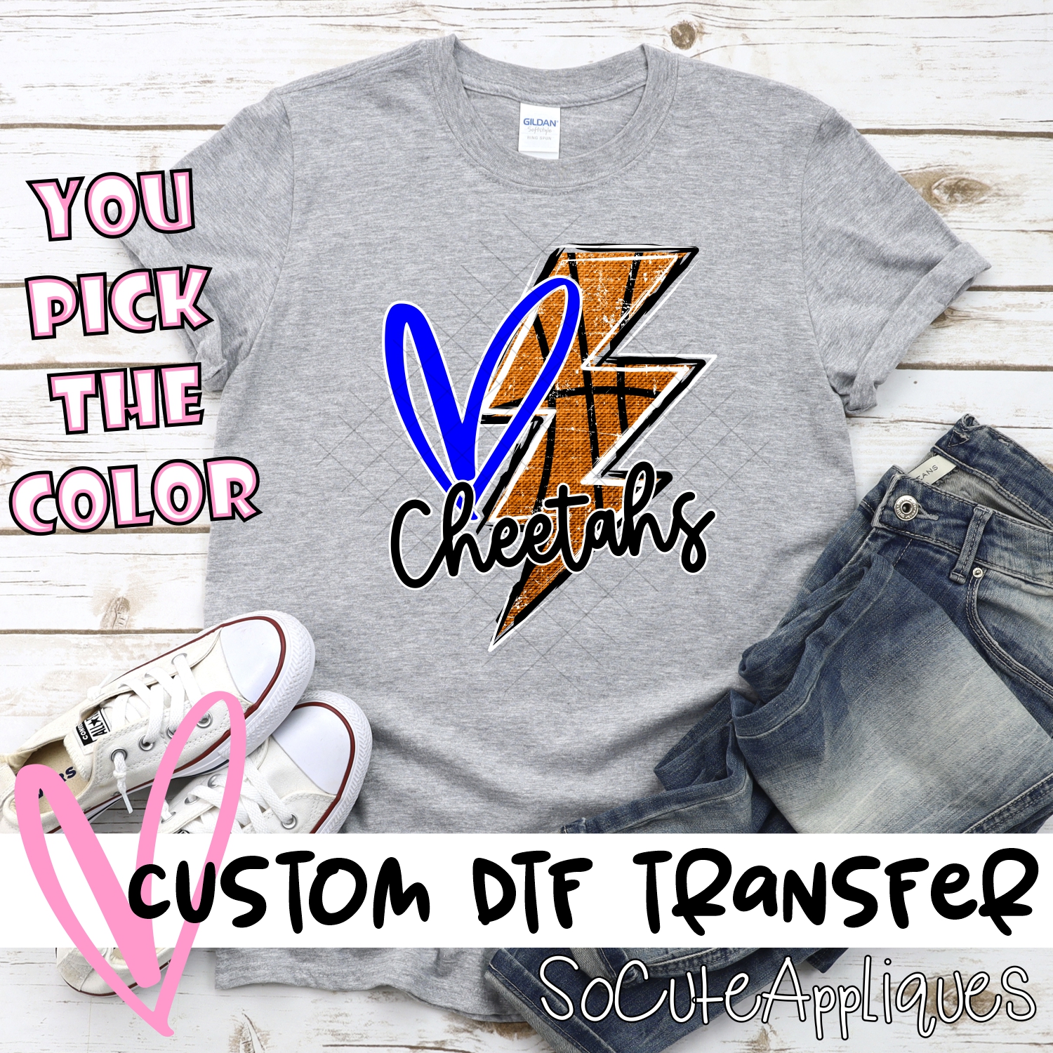 CUSTOM CHEETAHS basketball lightning bolt heart *DTF* Transfer
