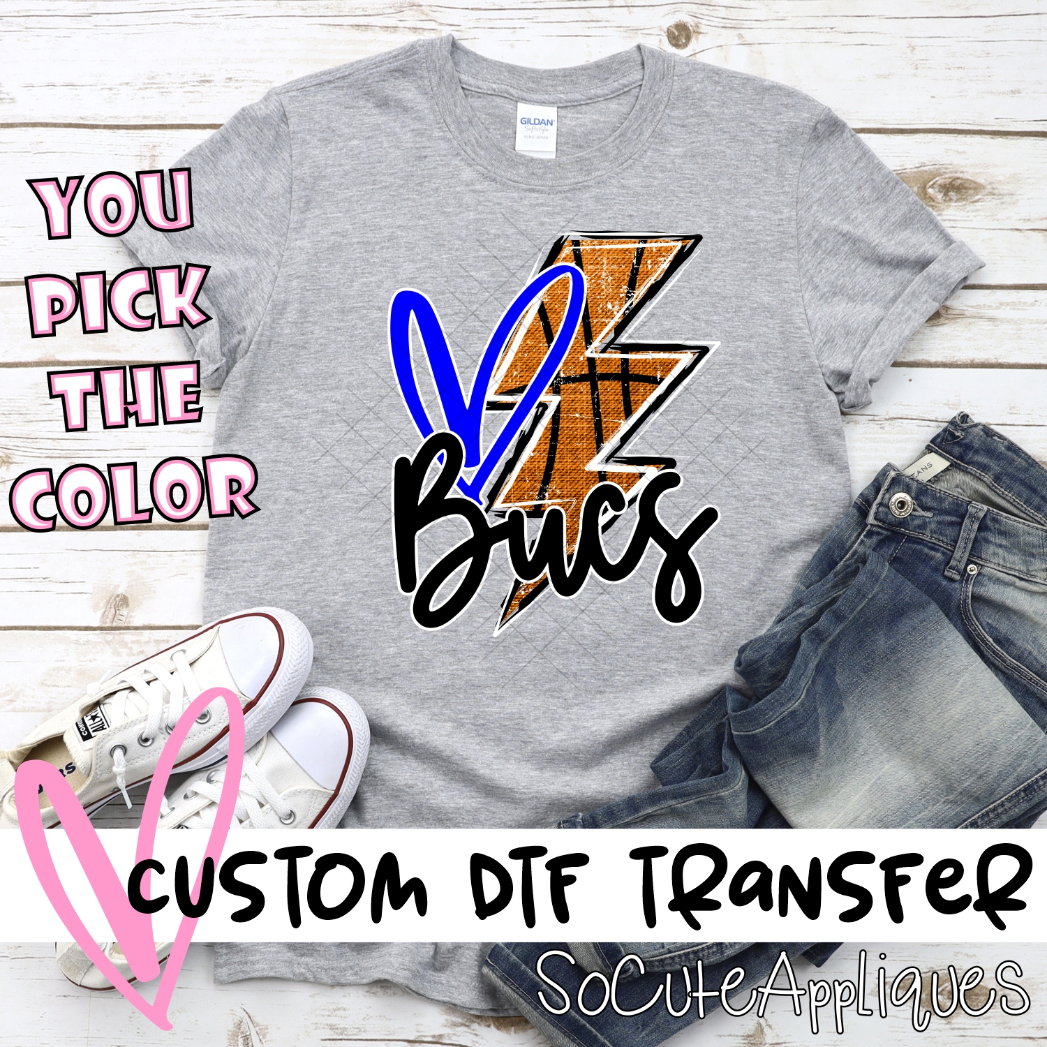CUSTOM BUCS basketball lightning bolt heart *DTF* Transfer
