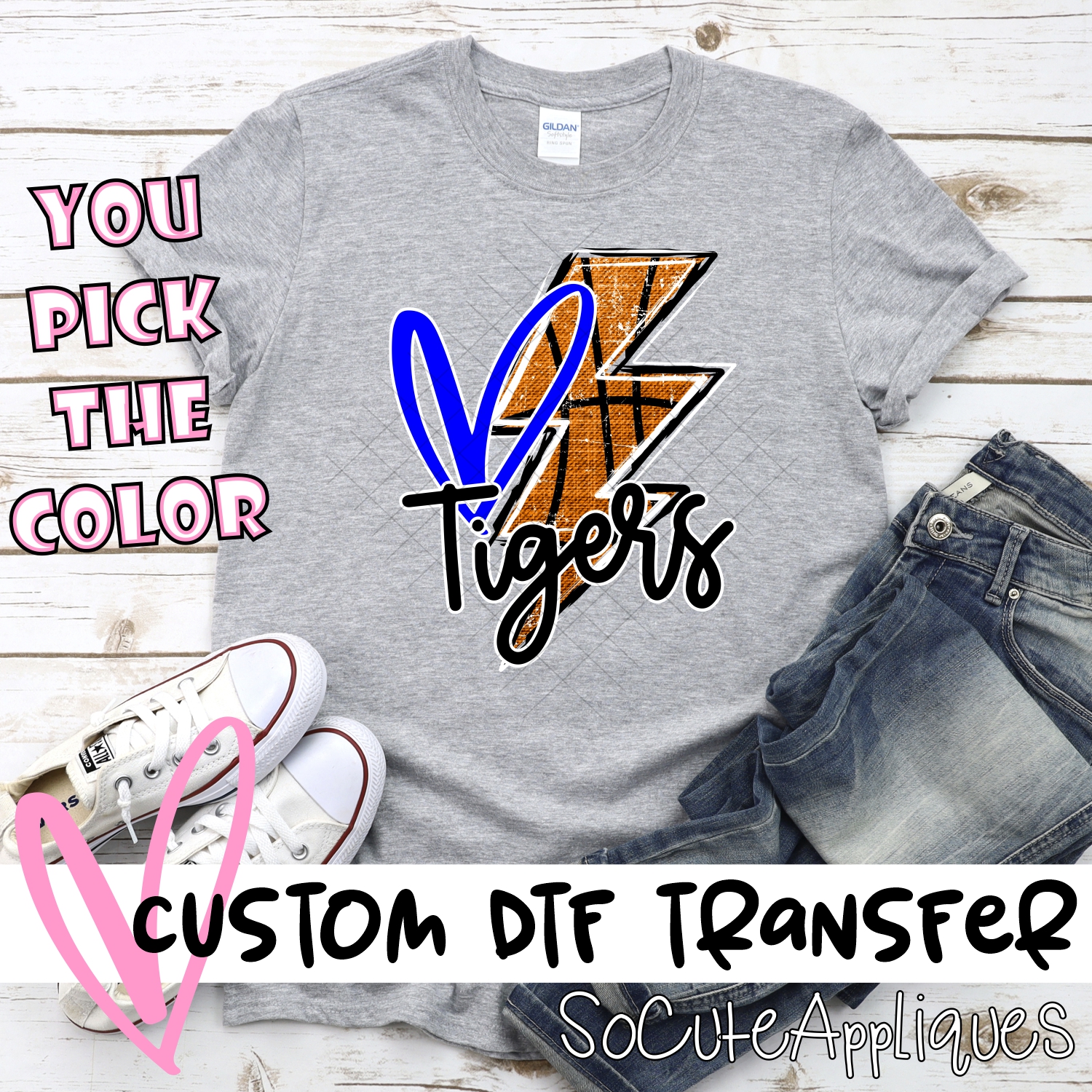 CUSTOM TIGERS basketball lightning bolt heart *DTF* Transfer
