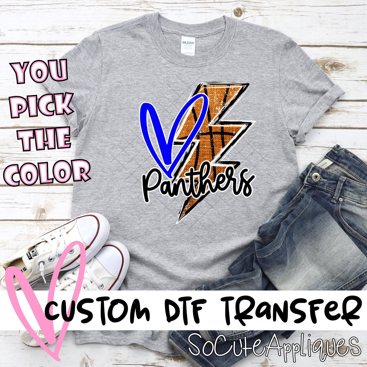 CUSTOM PANTHERS basketball lightning bolt heart *DTF* Transfer