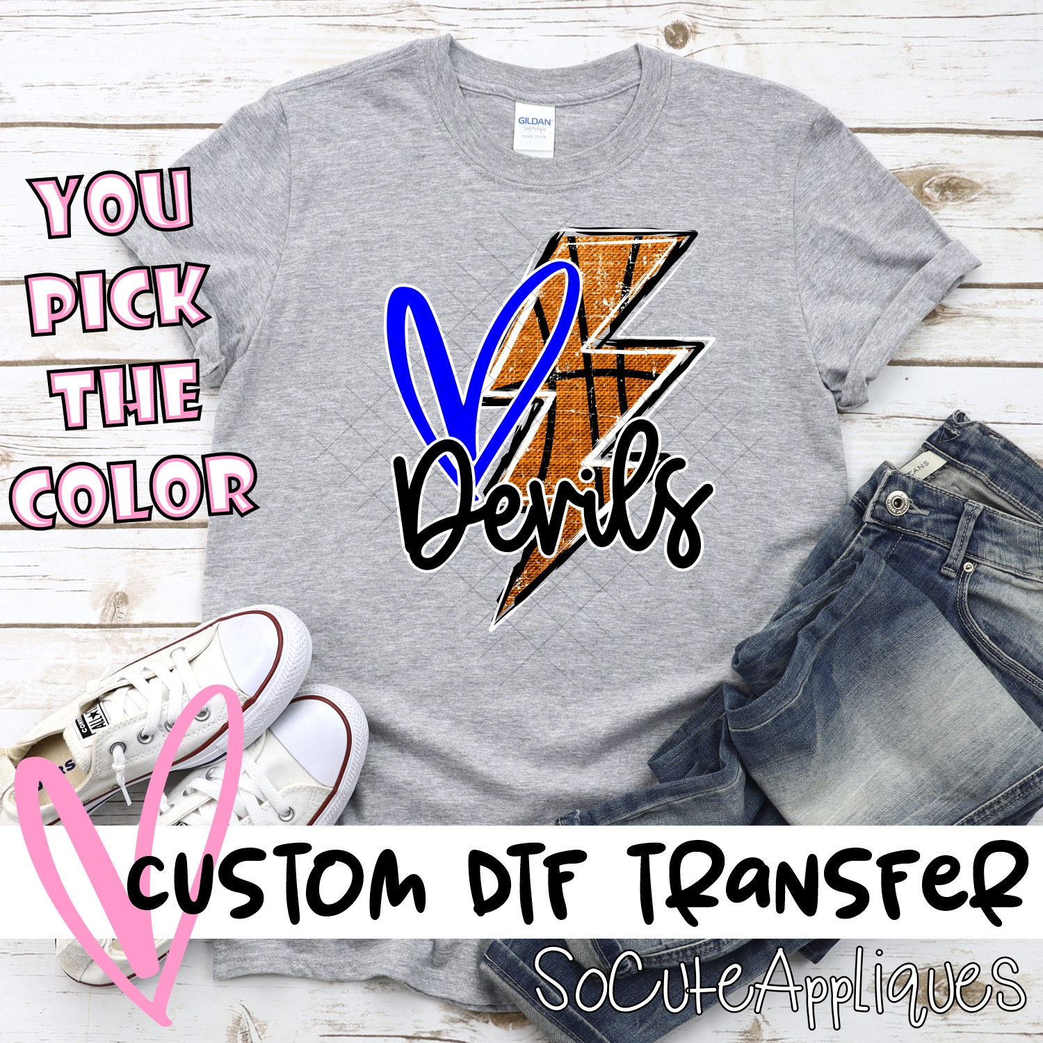 CUSTOM DEVILS basketball lightning bolt heart *DTF* Transfer