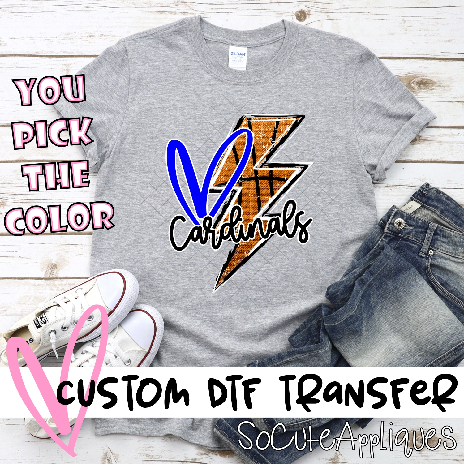 CUSTOM CARDINALS basketball lightning bolt heart *DTF* Transfer
