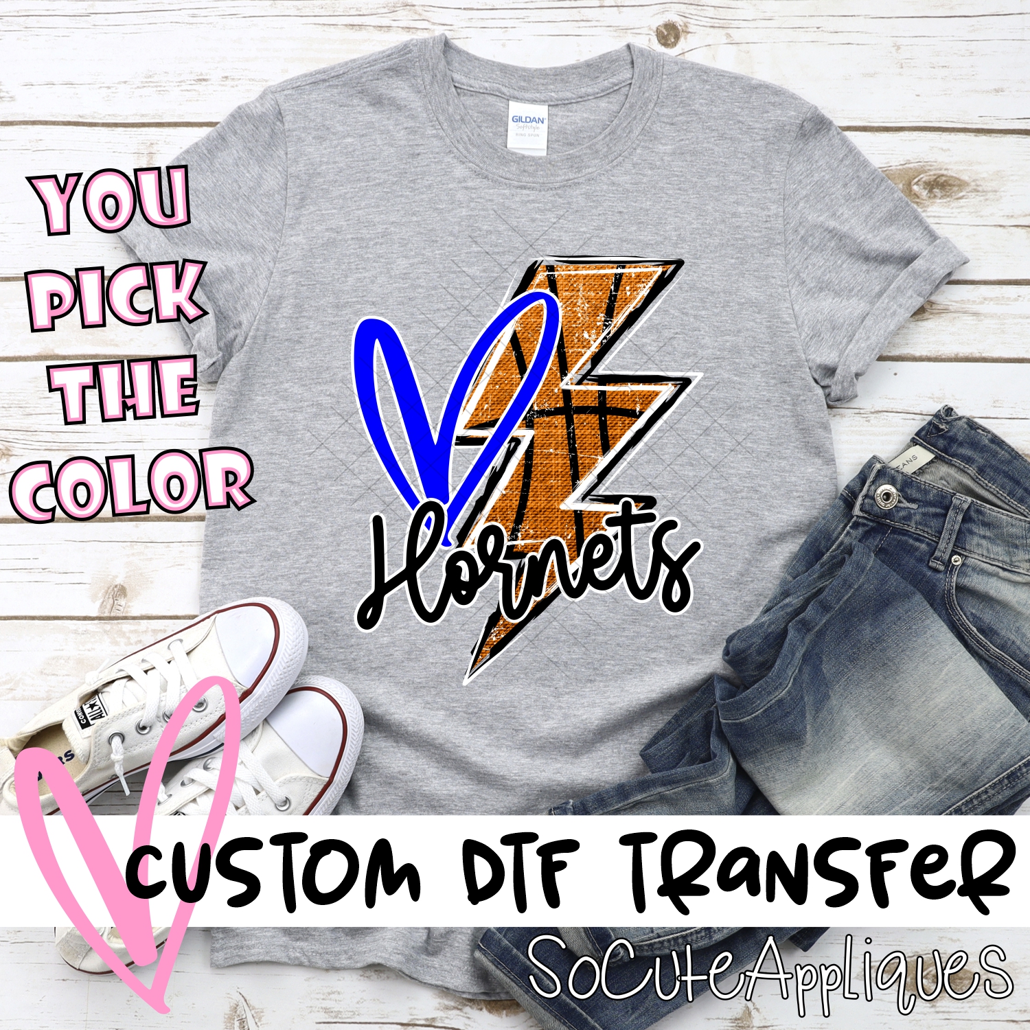 CUSTOM HORNETS basketball lightning bolt heart *DTF* Transfer