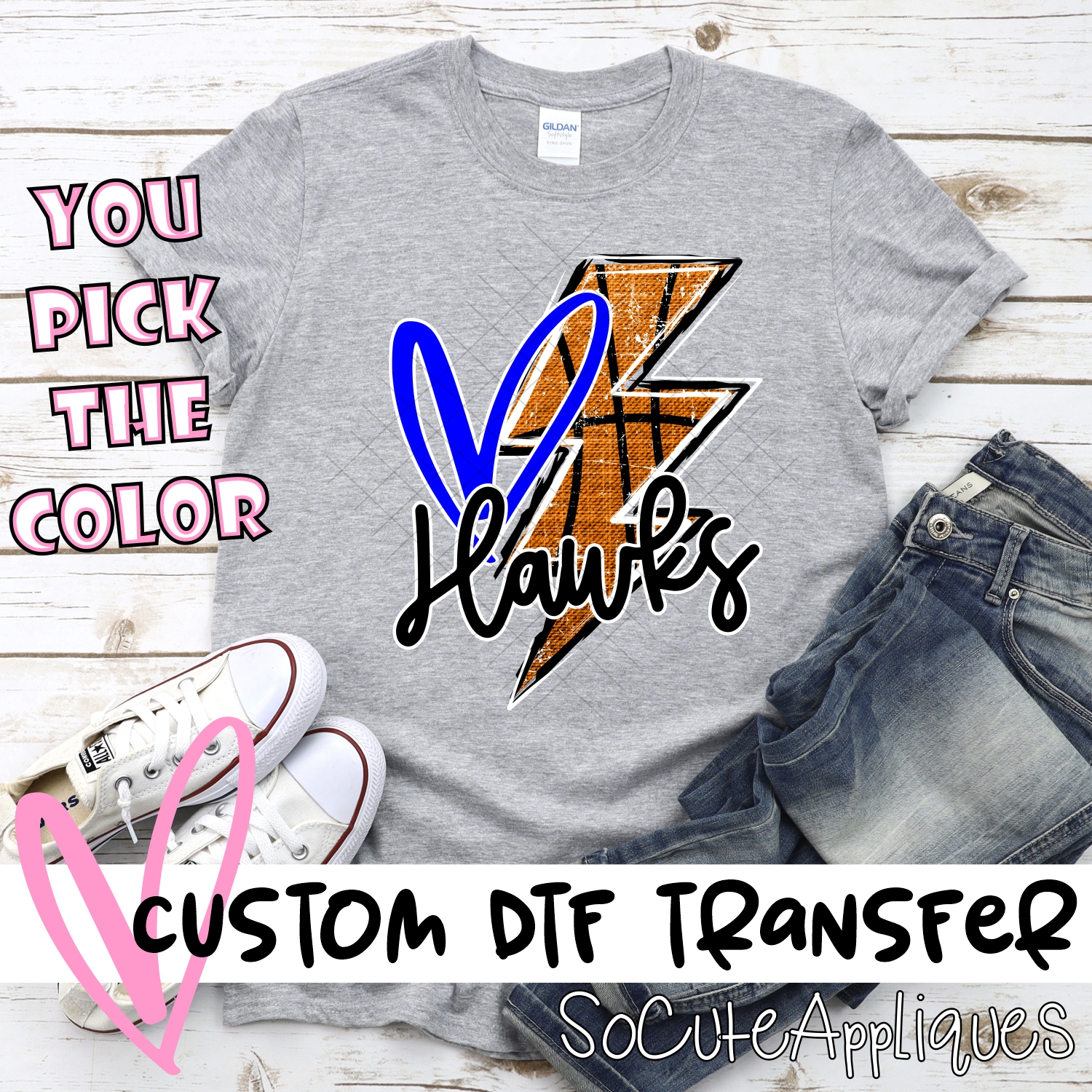 CUSTOM HAWKS basketball lightning bolt heart *DTF* Transfer