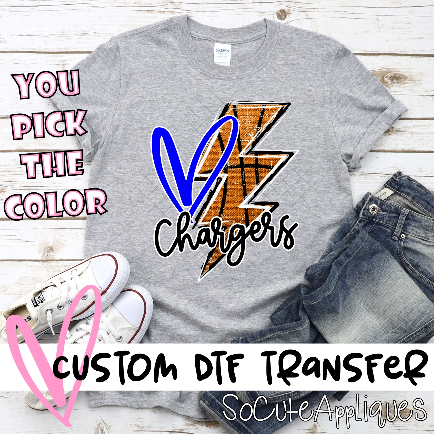 CUSTOM CHARGERS basketball lightning bolt heart *DTF* Transfer