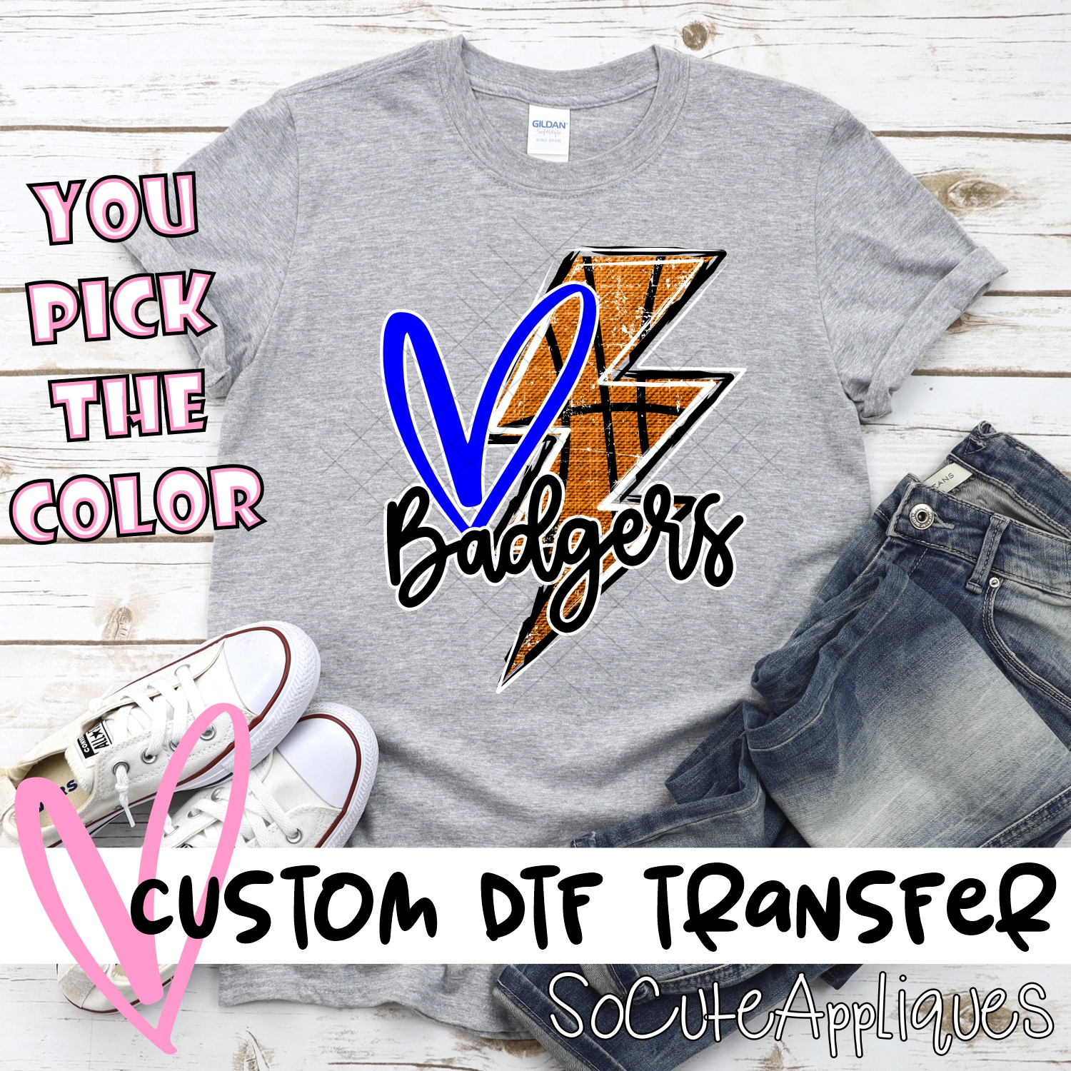 CUSTOM BADGERS basketball lightning bolt heart *DTF* Transfer