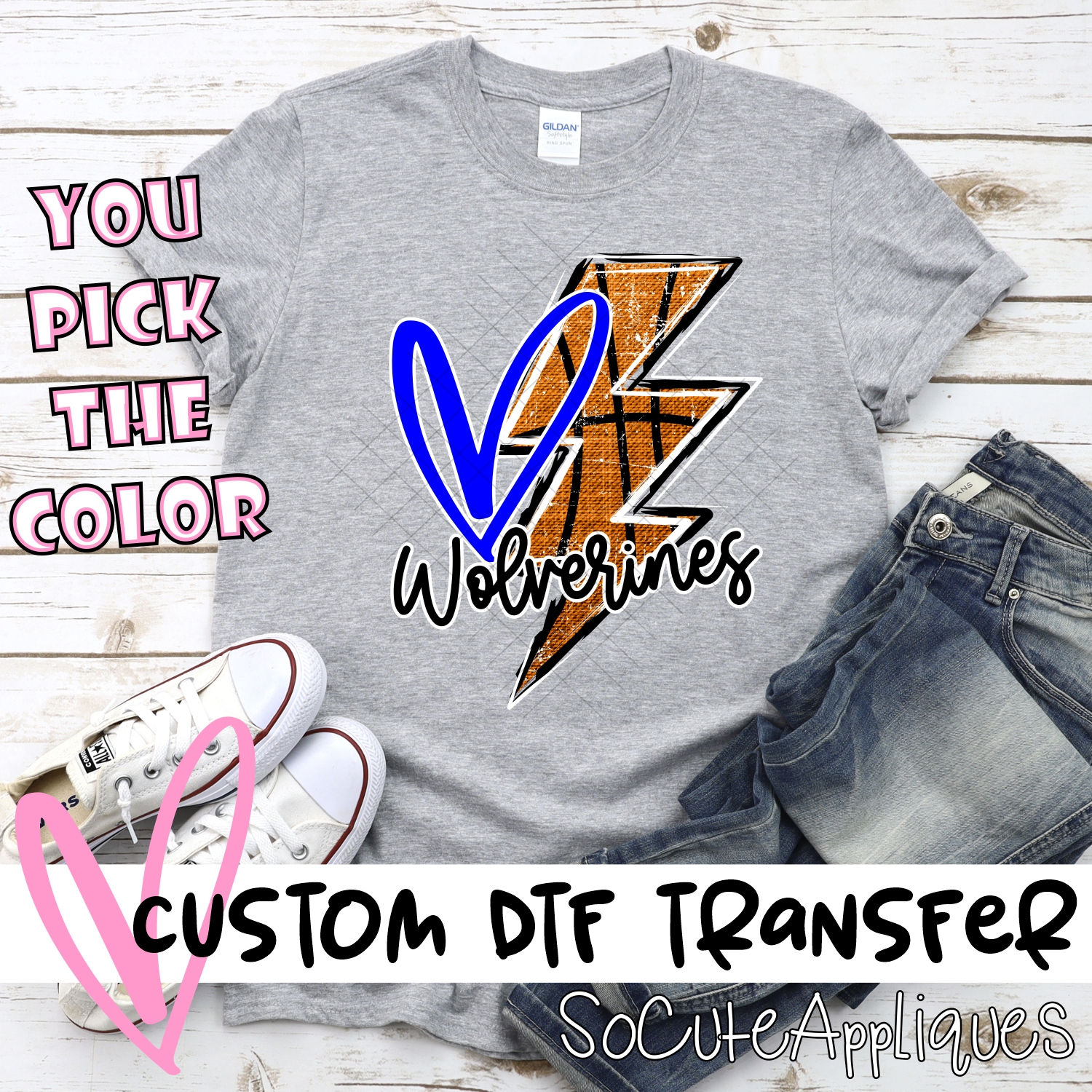 CUSTOM WOLVERINES basketball lightning bolt heart *DTF* Transfer