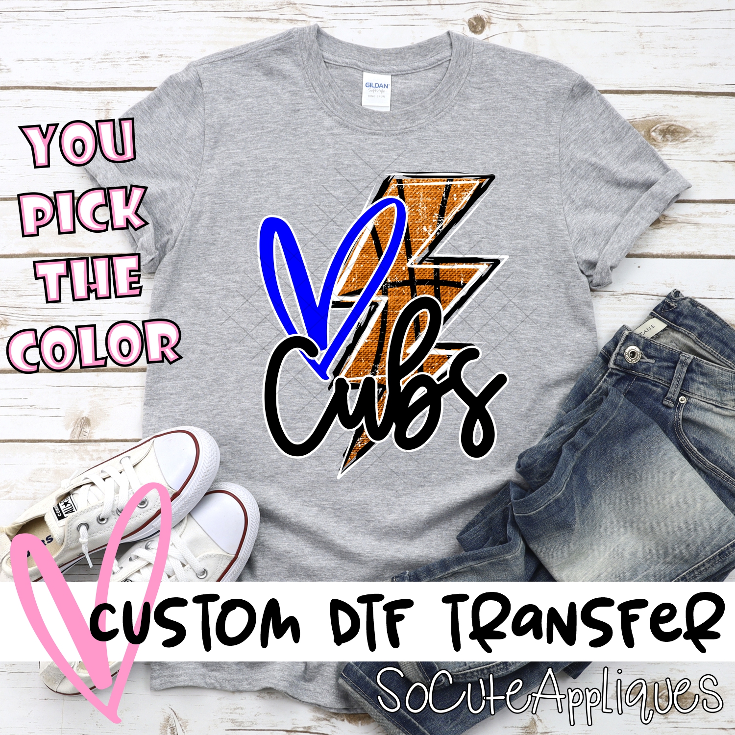 CUSTOM CUBS basketball lightning bolt heart *DTF* Transfer