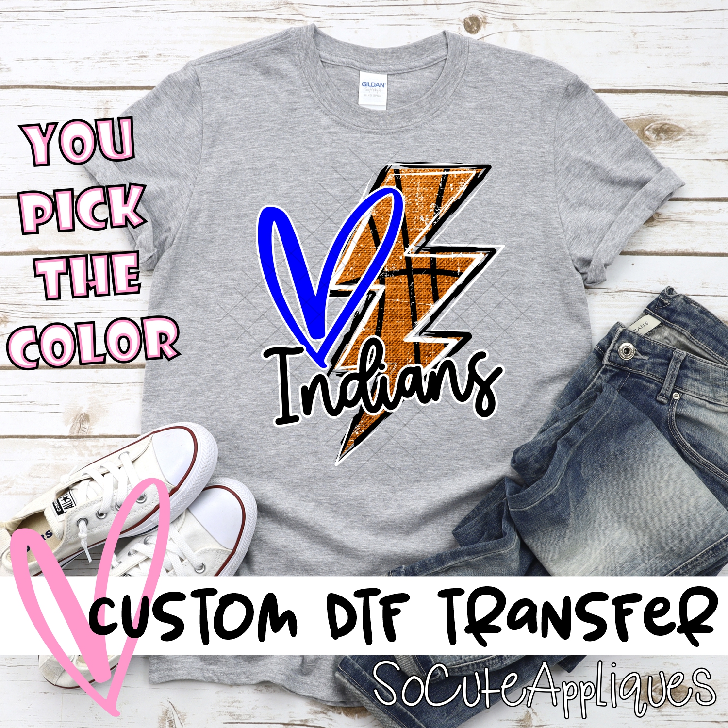 CUSTOM INDIANS basketball lightning bolt heart *DTF* Transfer
