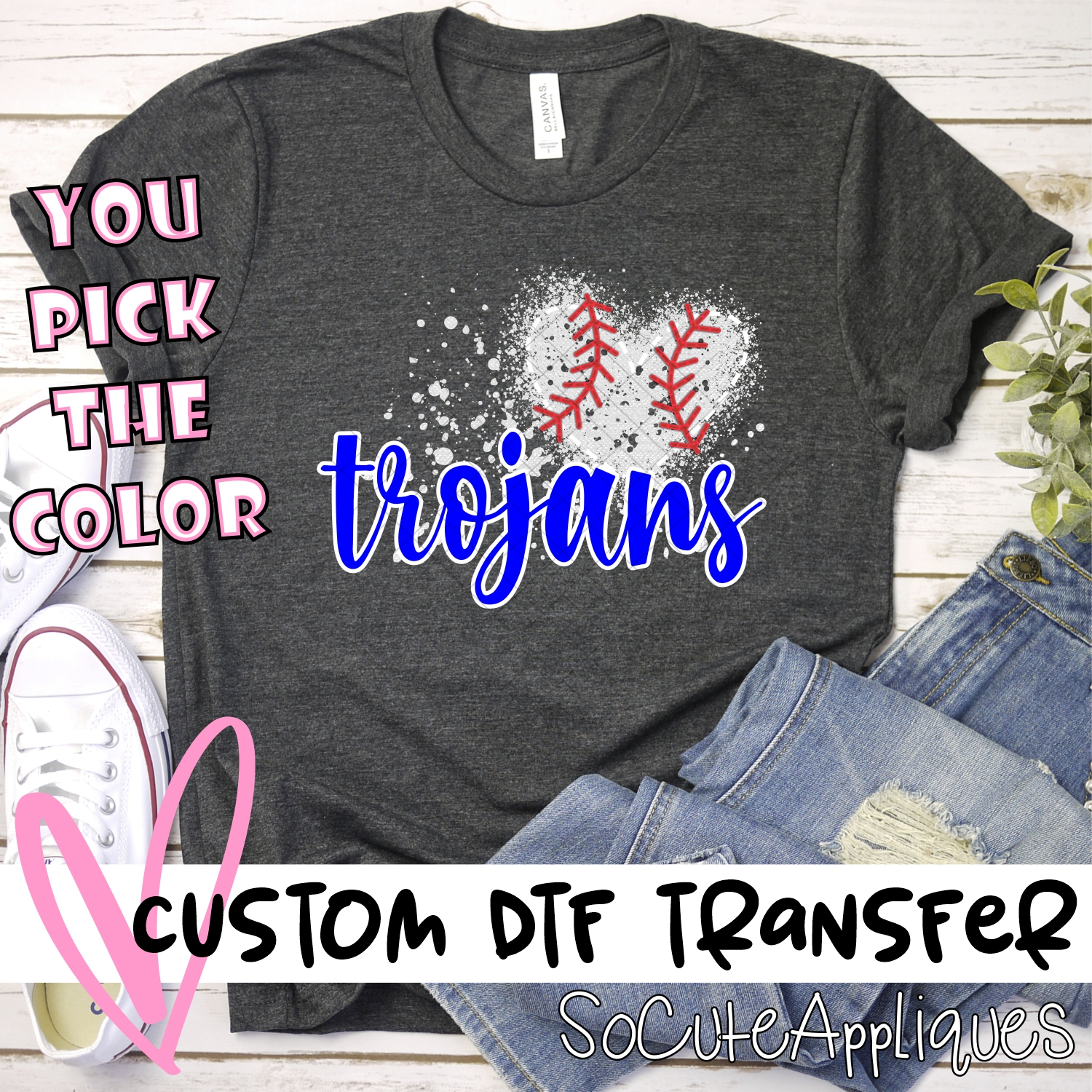CUSTOM TROJANS baseball messy heart *DTF* Transfer