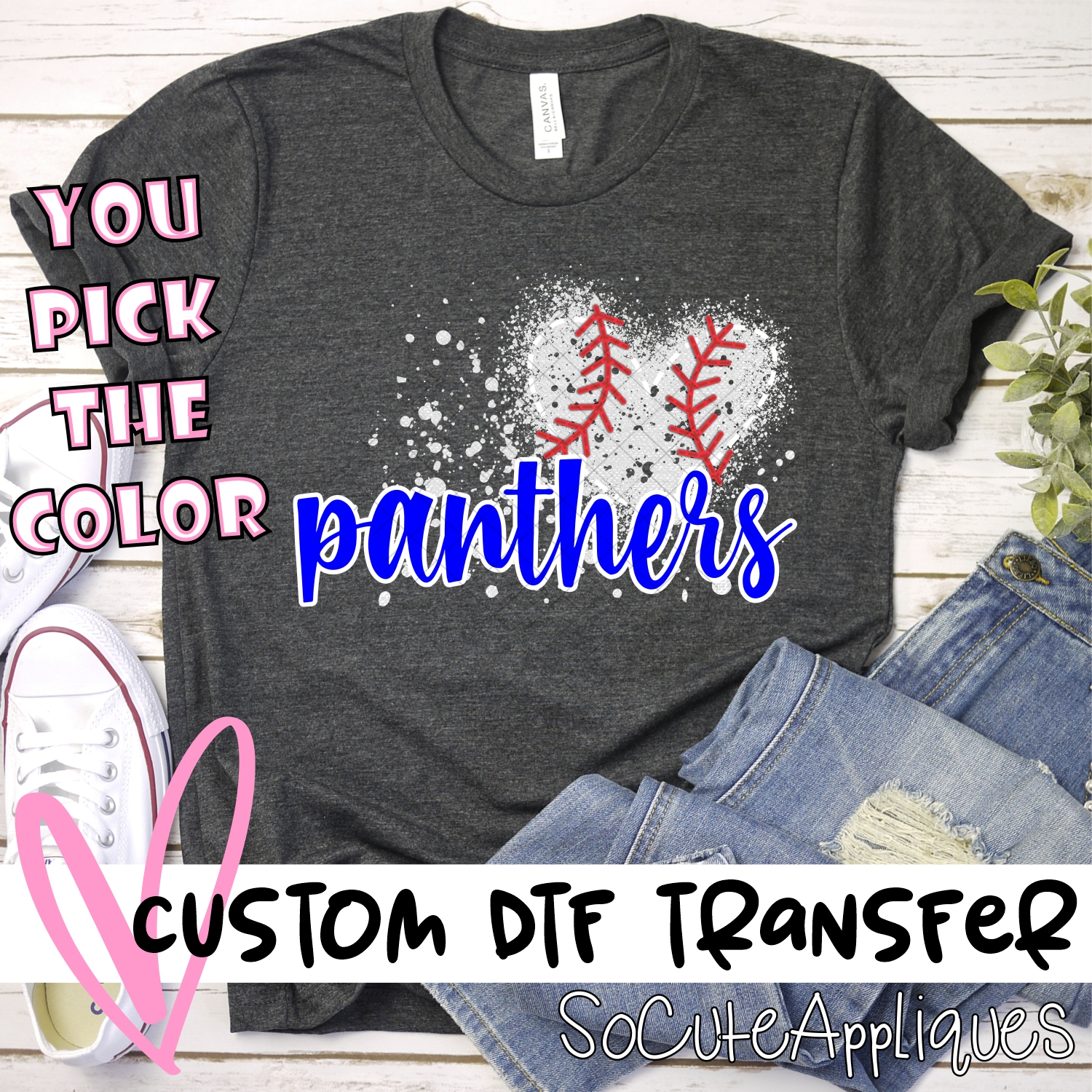 CUSTOM PANTHERS baseball messy heart *DTF* Transfer