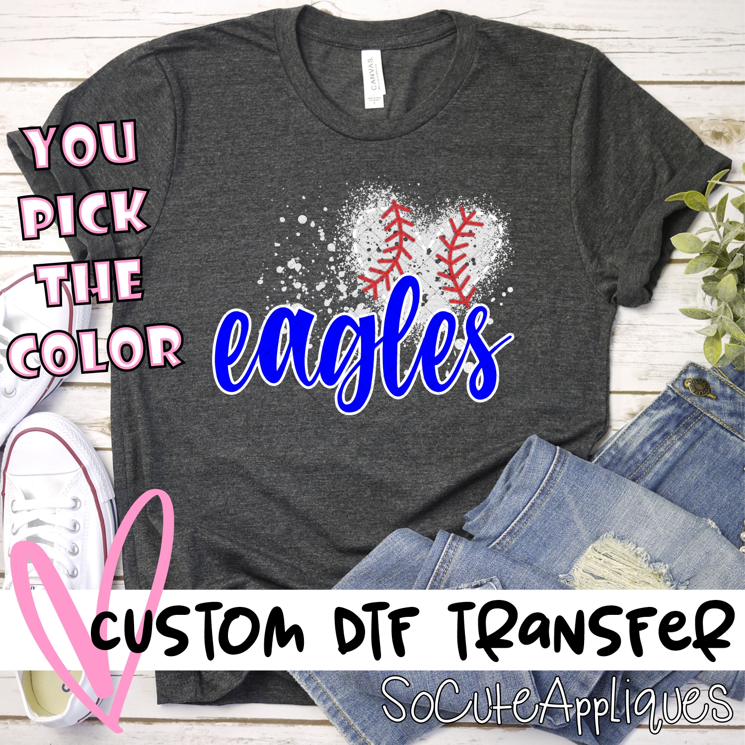 CUSTOM EAGLES baseball messy heart *DTF* Transfer