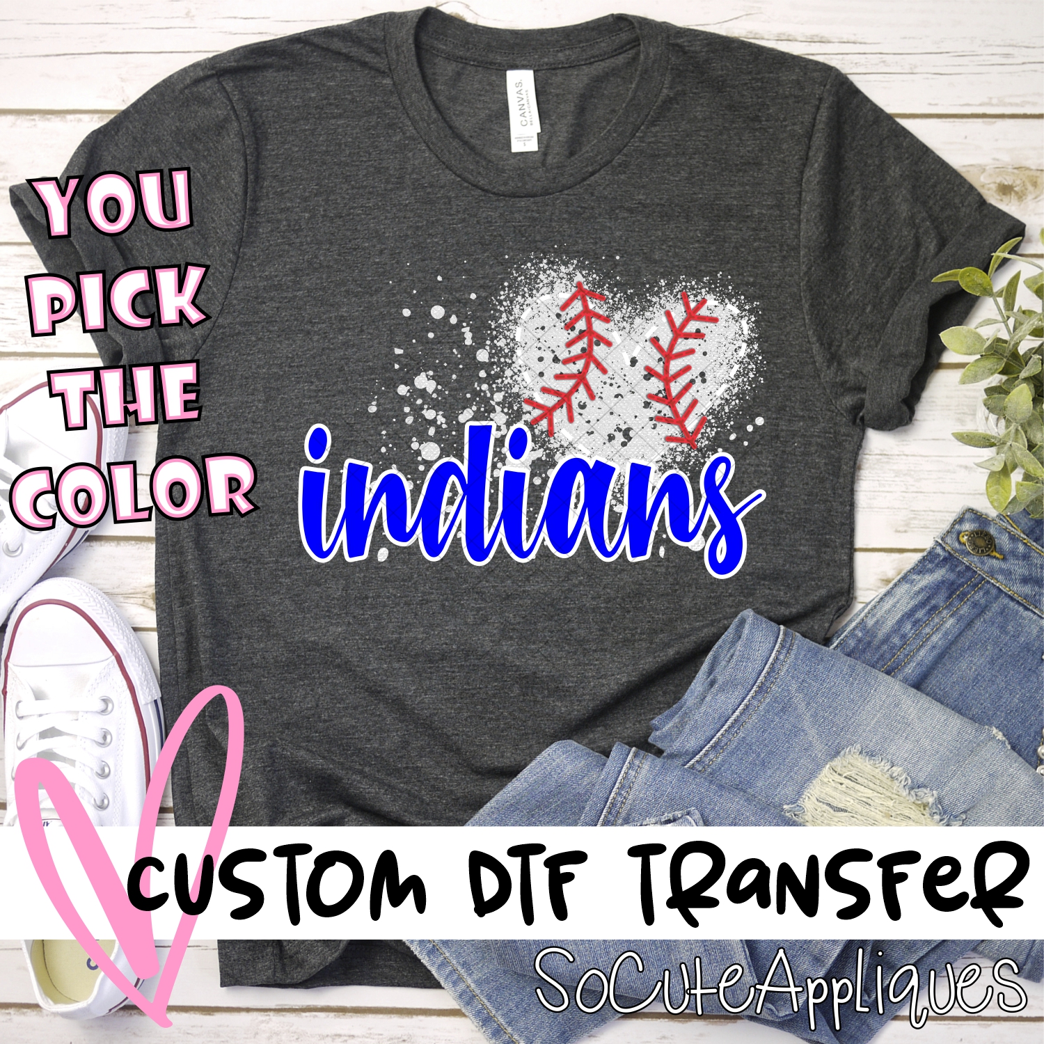 CUSTOM INDIANS baseball messy heart *DTF* Transfer