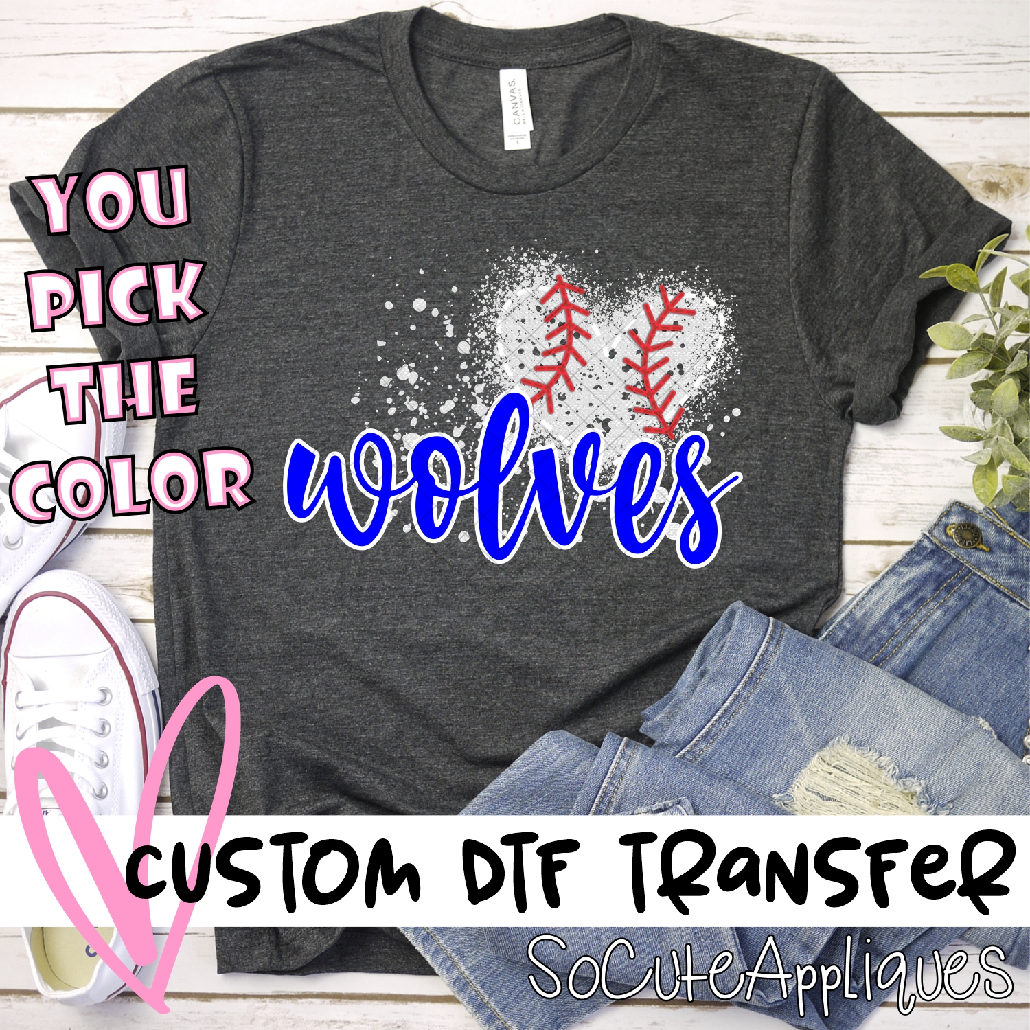 CUSTOM WOLVES baseball messy hear *DTF* Transfer
