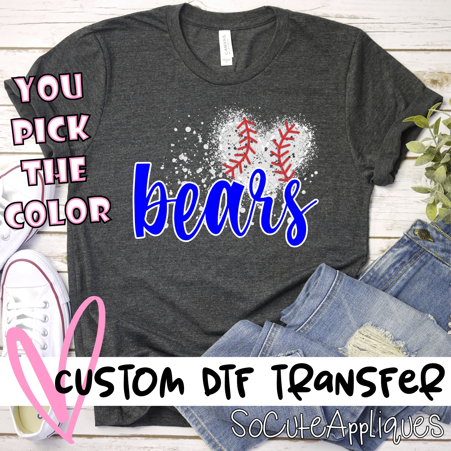 CUSTOM BEARS baseball messy heart *DTF* Transfer