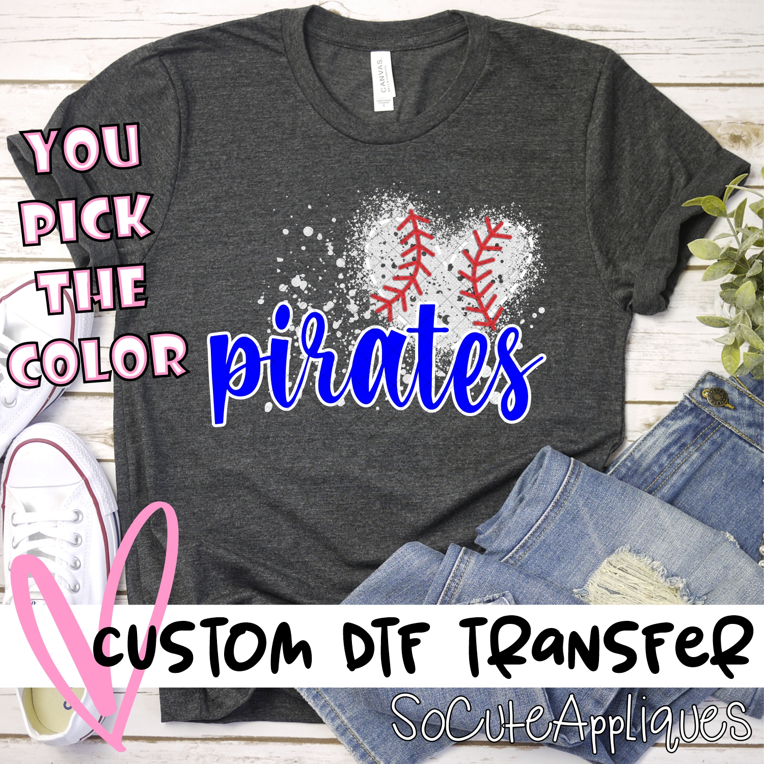 CUSTOM PIRATES baseball messy heart *DTF* Transfer